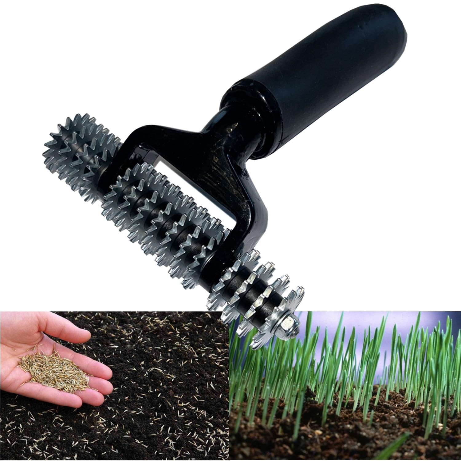 Keyfit Tools Hand Seeder Spiker Tool Grass Seed for Small Black & Silver