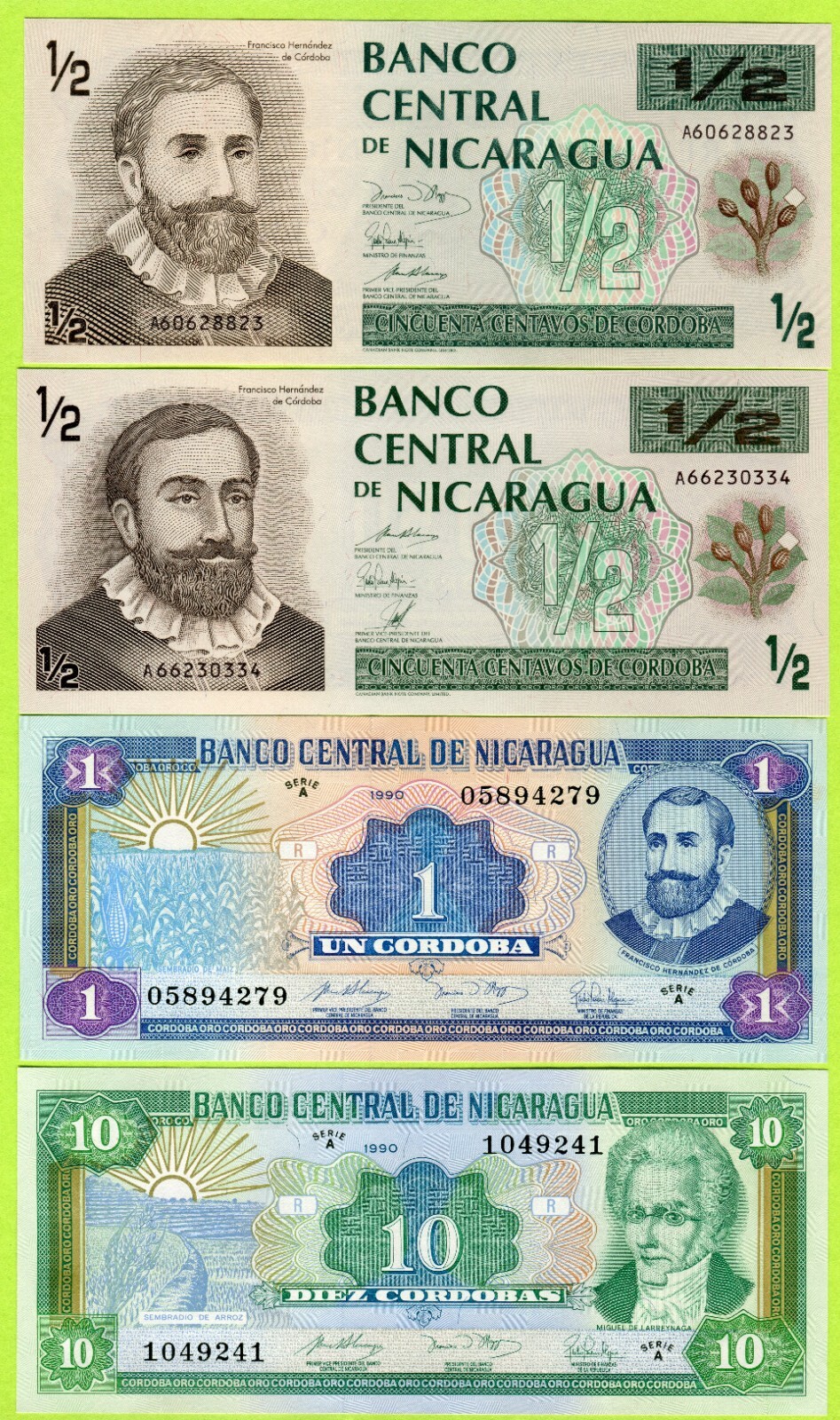 Nicaragua 1/2 1 10 20 50 100 Cordobas 1990 P171 172 173a 175a 176a 177a1 178 UNC