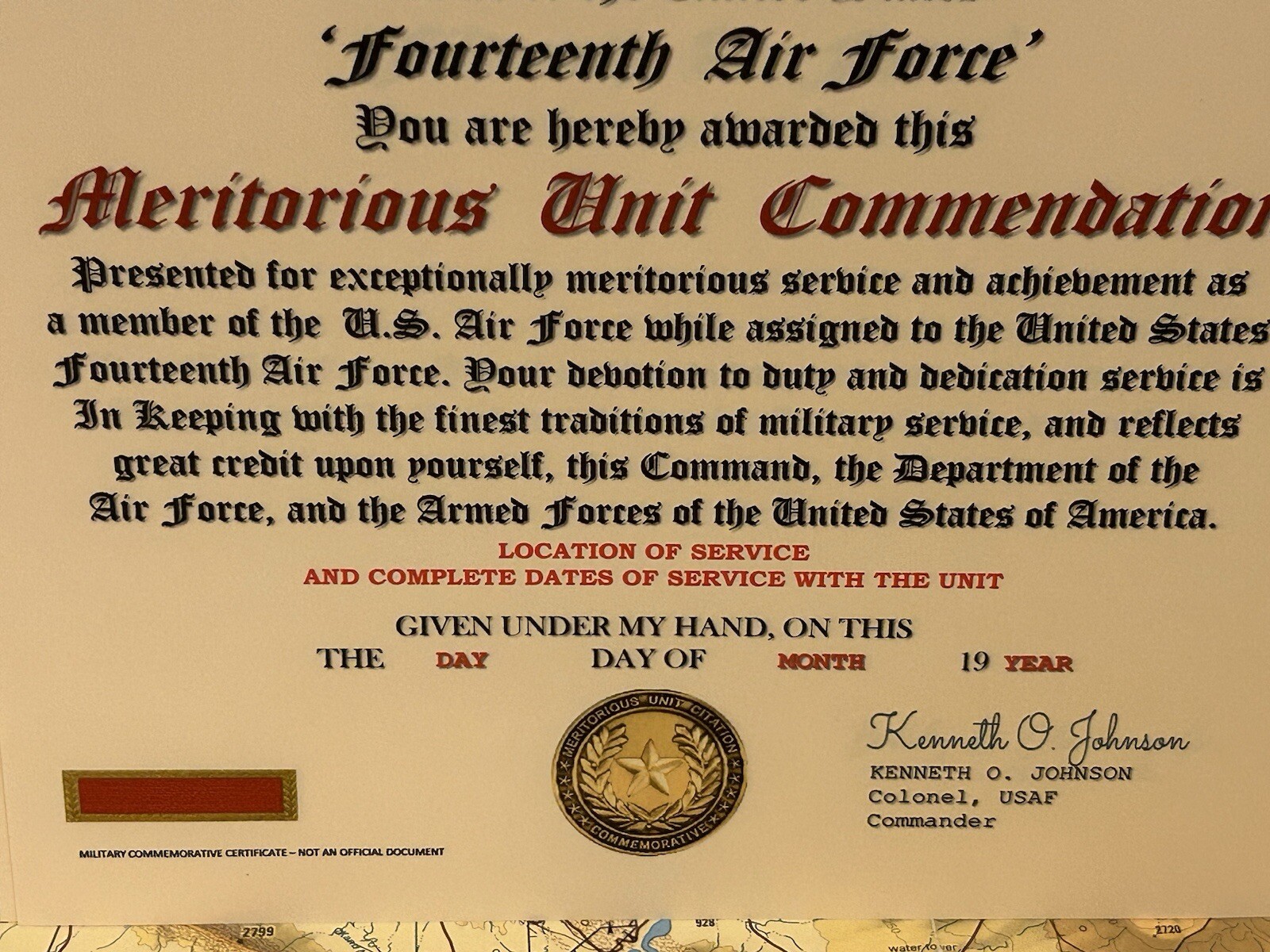U.S. AIR FORCE / 14TH AIR FORCE - MERITORIOUS UNIT COMMENDATION CERTIFICATE
