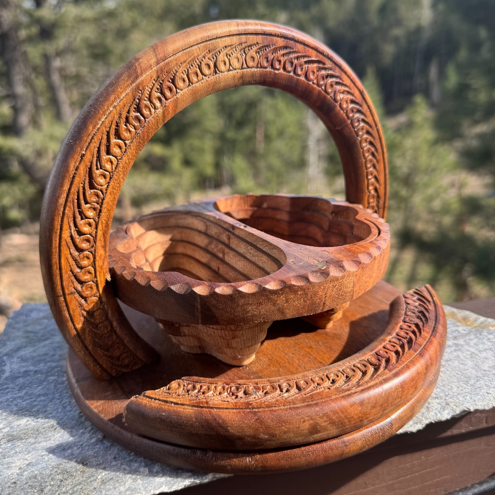 Vintage Hand Carved Wooden Collapsible Fruit Basket Trivet, Indian Rosewood 7"