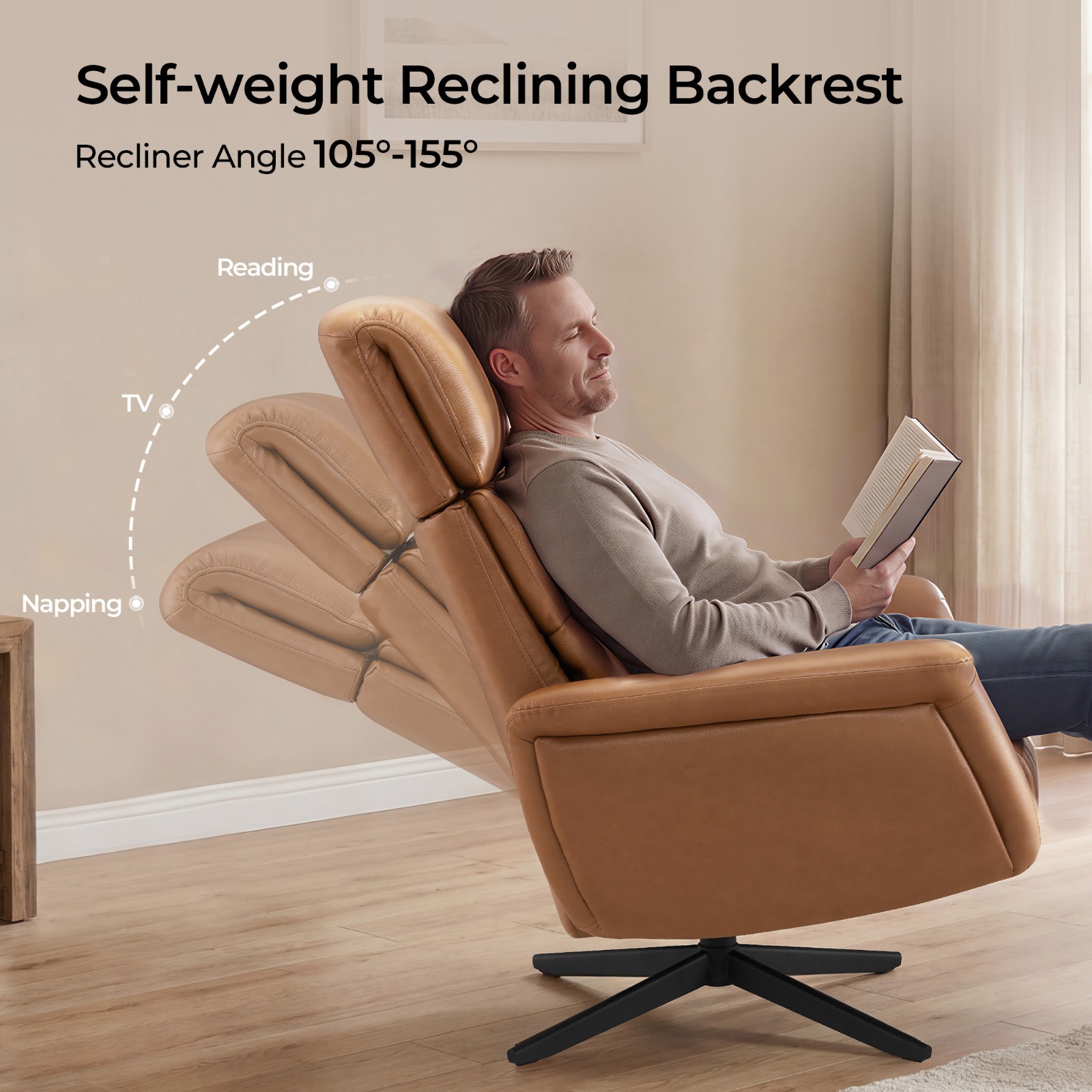 CHITA Genuine Leather Self-Weight Reclining Swivel Chair w/Adjustable Headrest