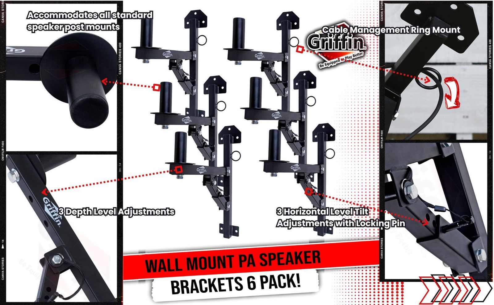 6-PACK Wall Mountable PA Speaker Bracket Stands GRIFFIN | Level Tilt Adjustments
