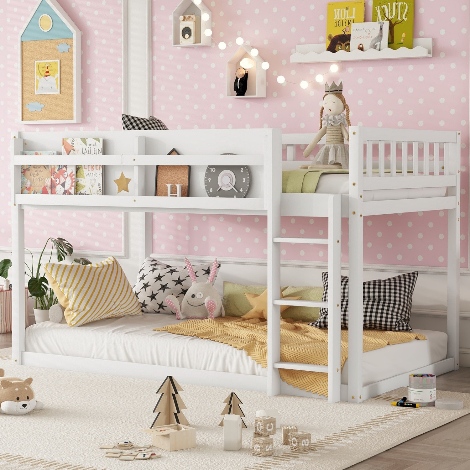Twin over Twin Bunk Bed for Kids Teens Low 2-in-1 Wooden Loft Bed with Ladder