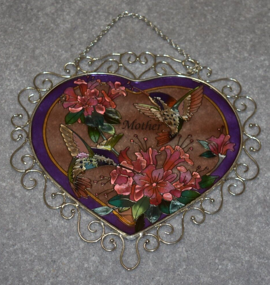 #7386 MOTHER LARGE HEART FLOWERS HUMMINGBIRDS HAND PAINTED GLASS DECOR 7" X 6"