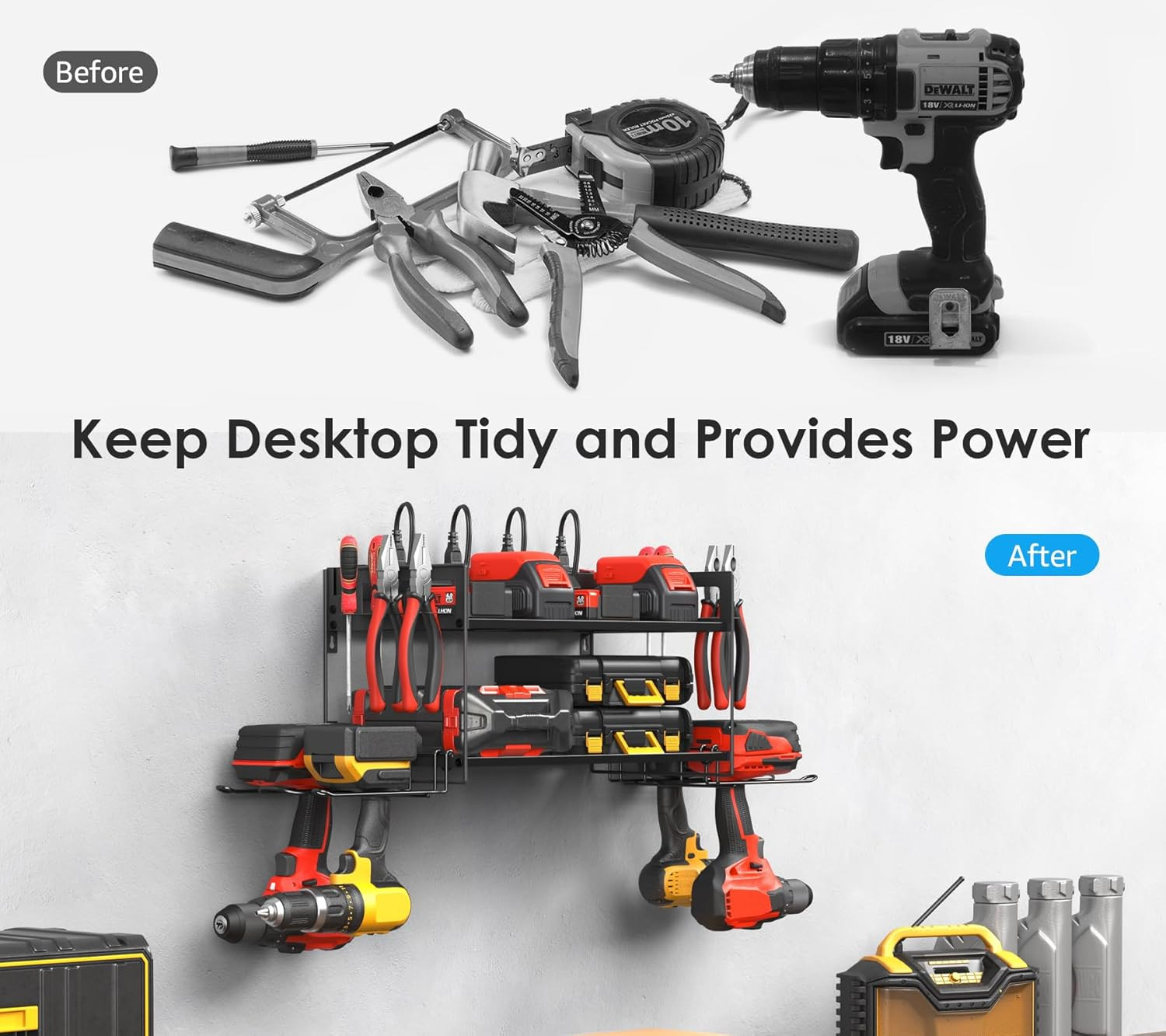 Garage Tools Storage with Charging Station. Power Tool Battery Organizer Utility