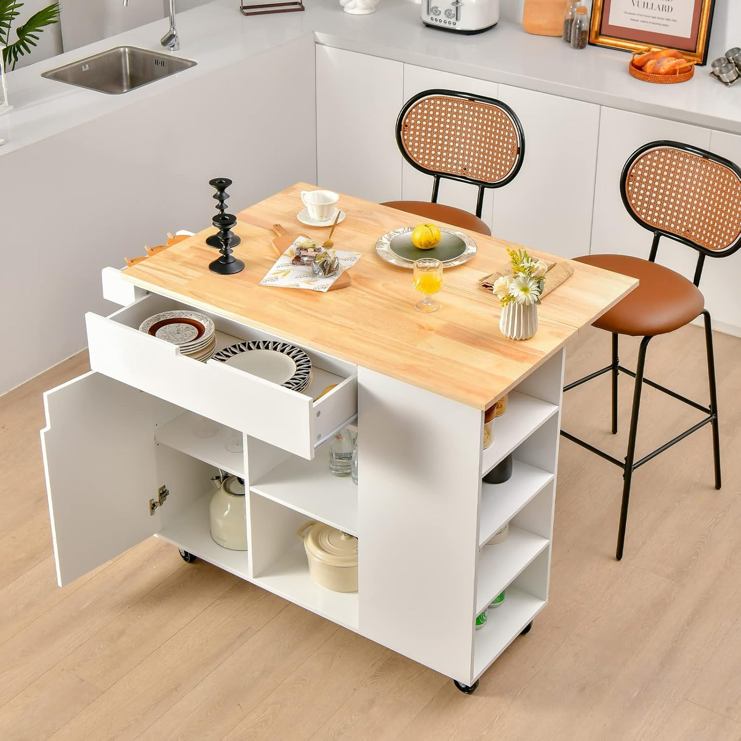 White Kitchen Island Cart with Drop-Leaf, Shelves & Rolling Wheels