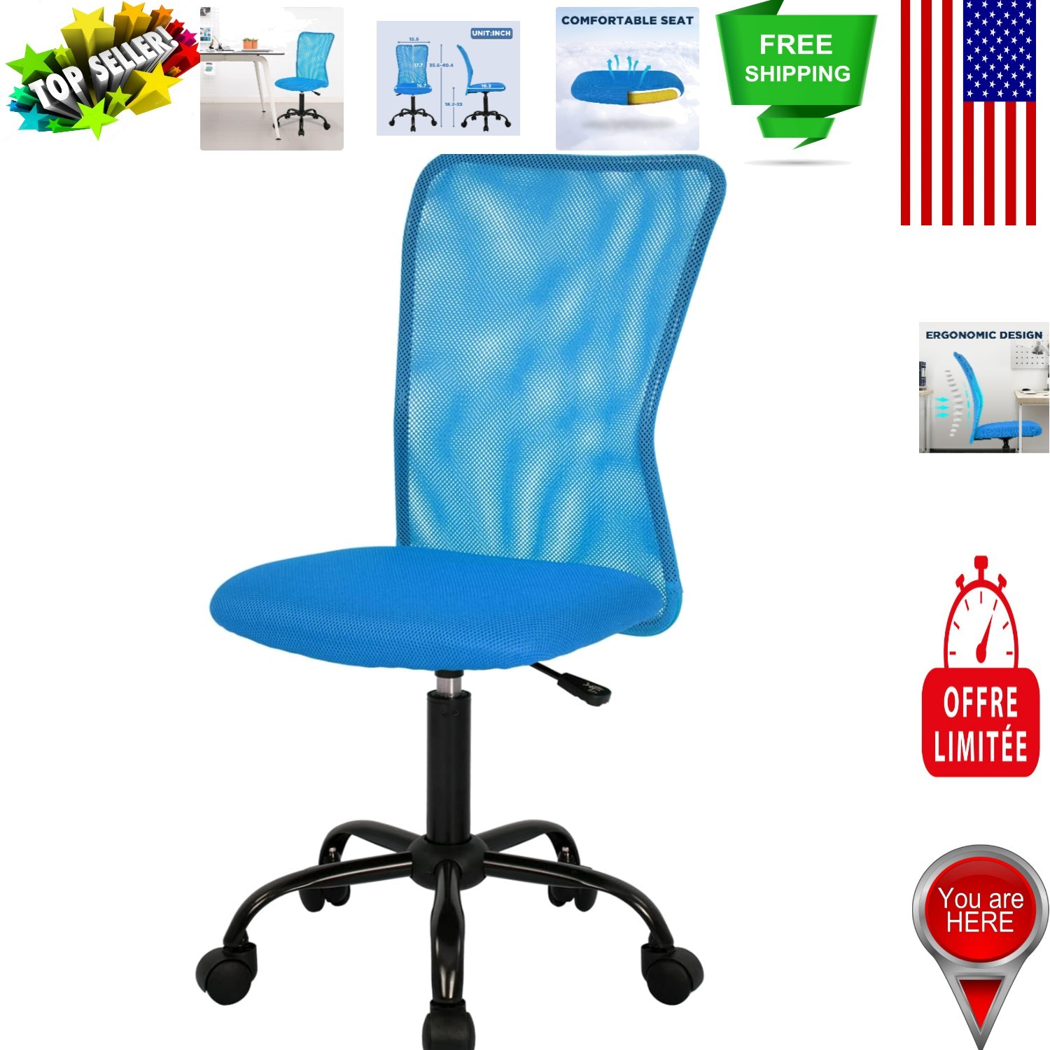 Breathable Blue Mesh Desk Chair - Ergonomic, Adjustable, and Easy to Assemble