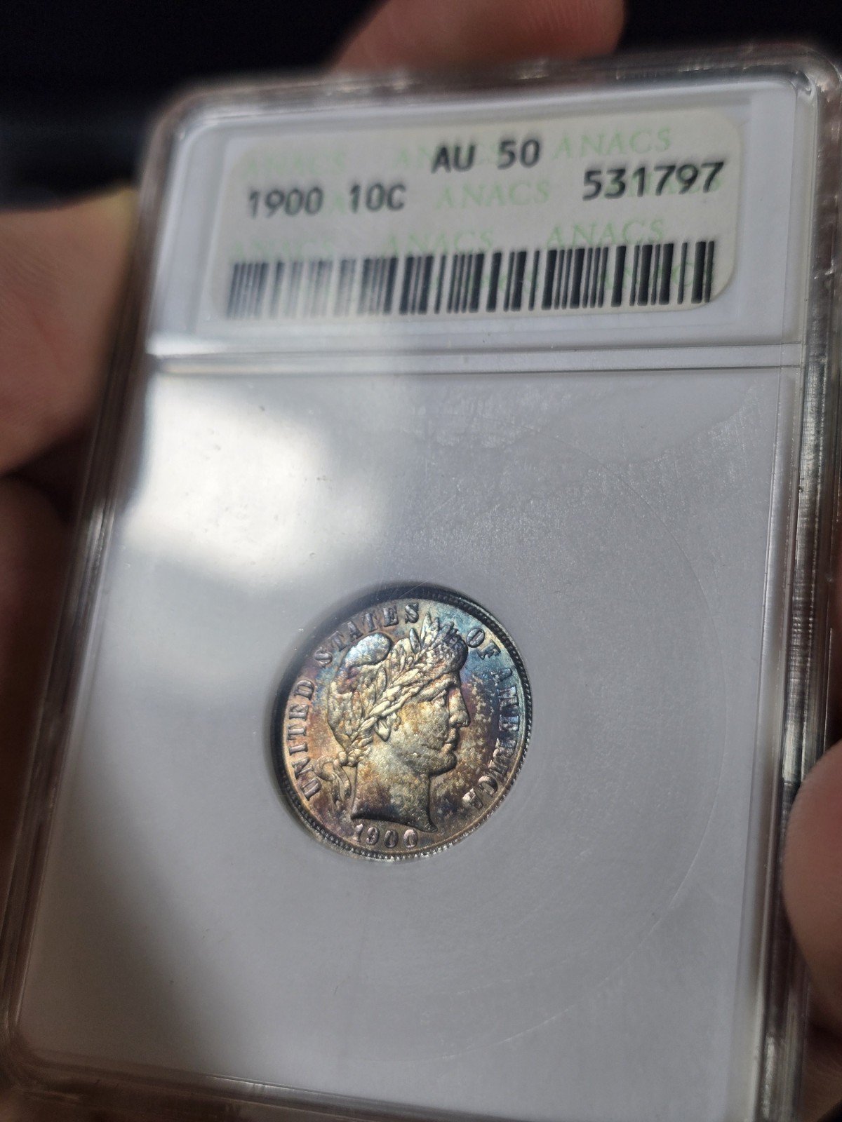1900 Barber Dime Soapbox Anacs Toned!