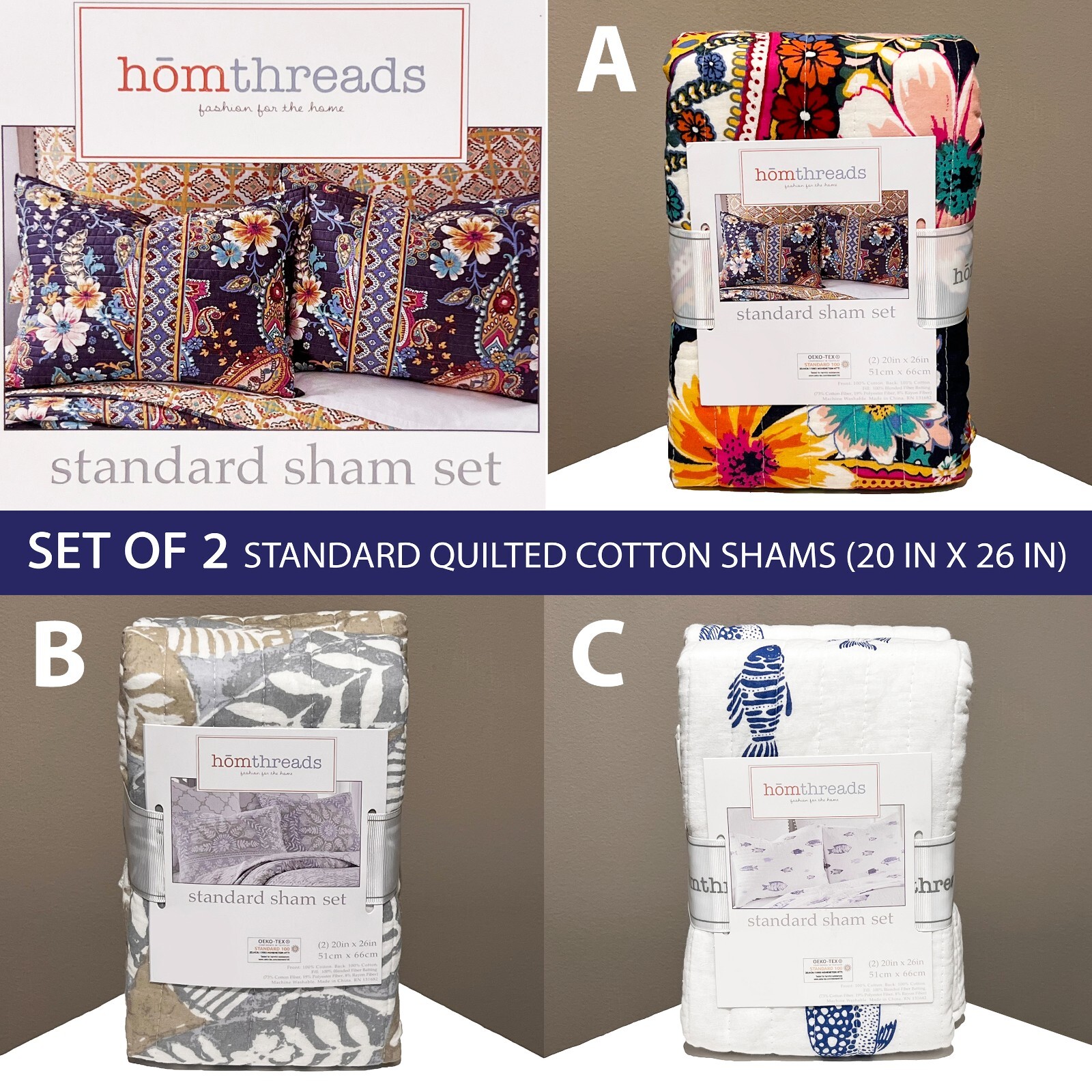 SET OF 2 homthreads Quilted Standard Cotton Shams Blue Fish Gray Color Floral