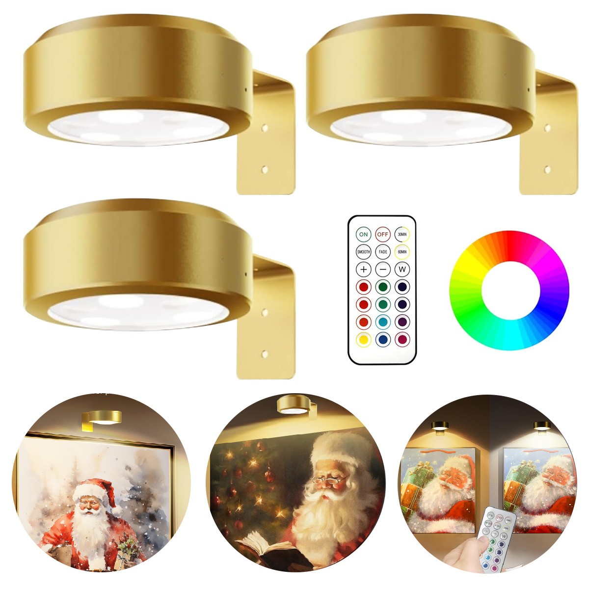 3Pcs Battery Operated Picture Light, Magnetic Led Painting Light with Remote Dim