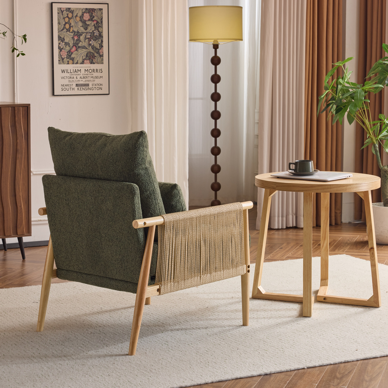 LEADZM Braid Accent Chair, Mid-Century Armchiar with Natural Oak Wooden Armrest