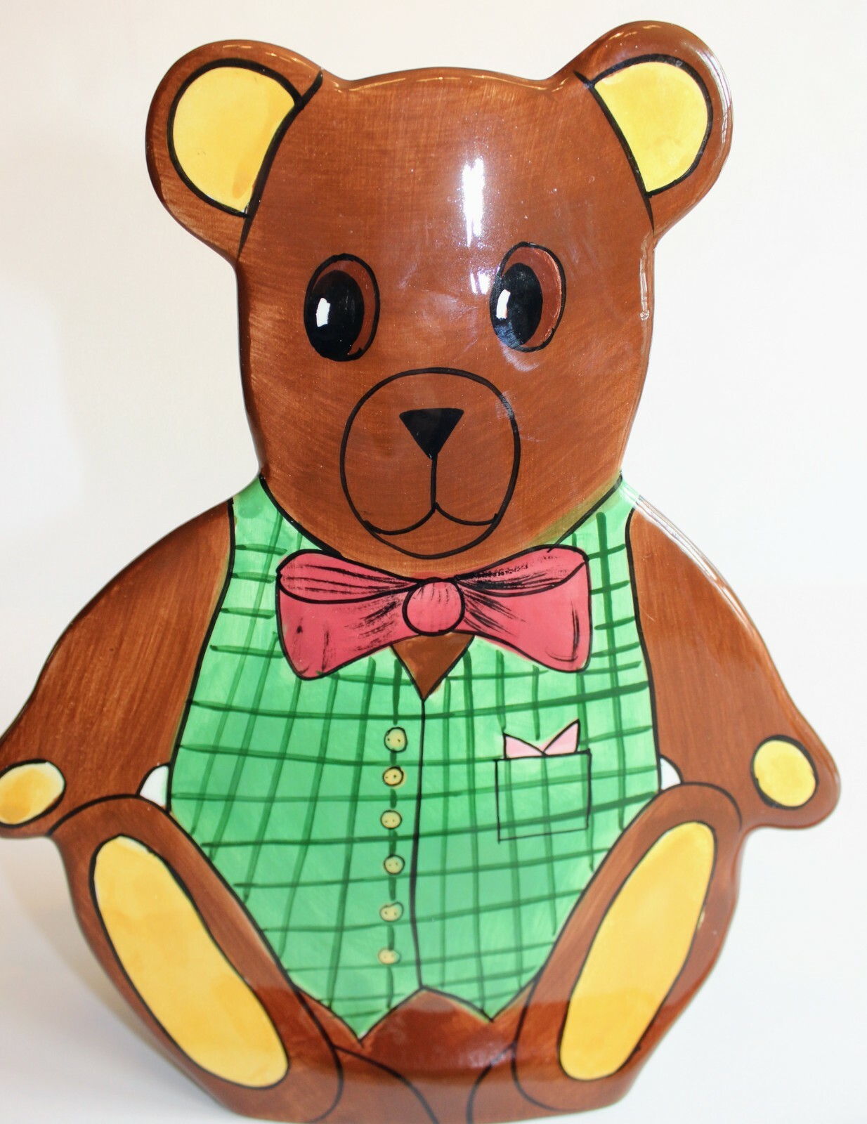 Teddy Bear Christmas Planter/Vase by Nina Lyman Flat Front Hand Painted Signed