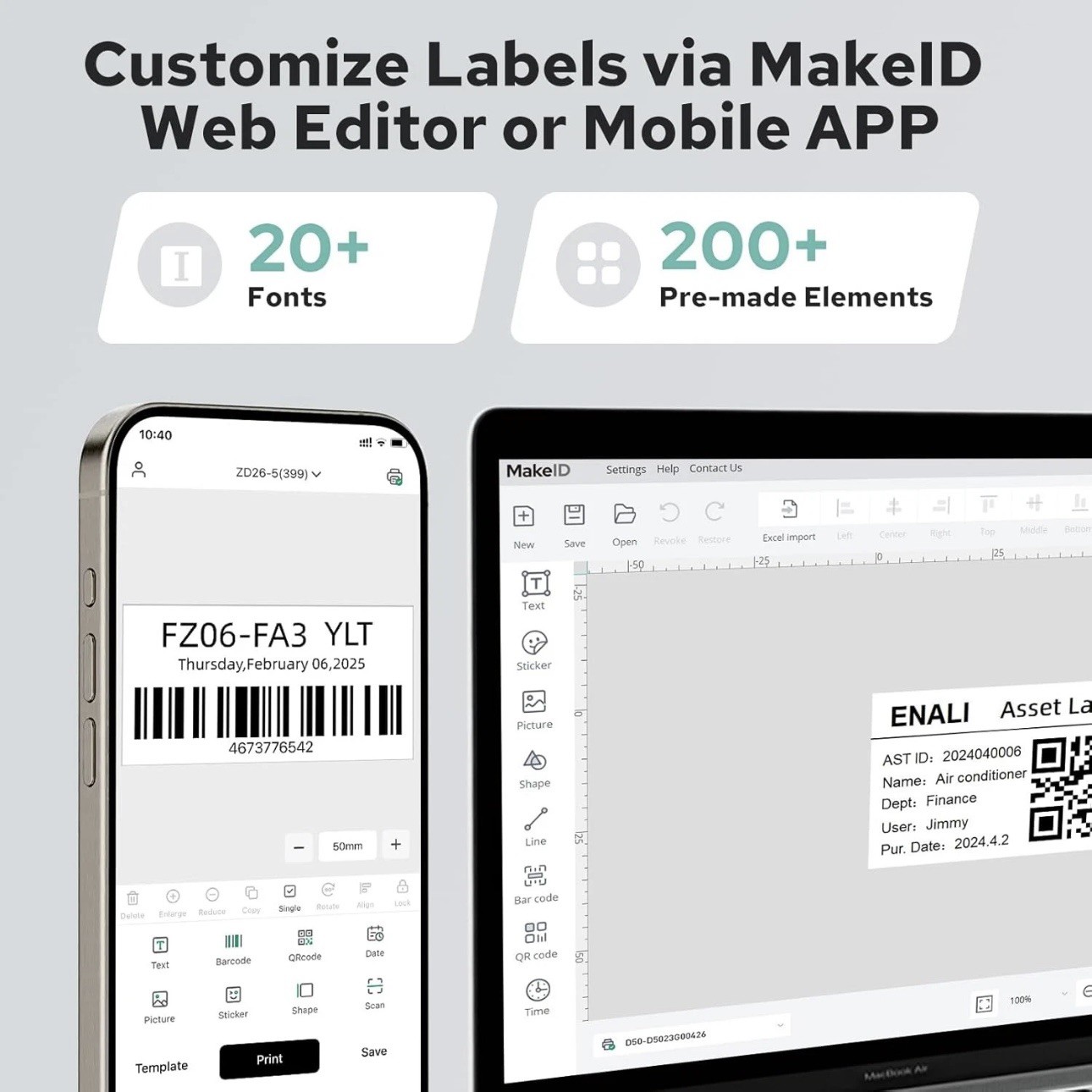 Makeid D50 Industrial Label Printer, Desktop Label Maker 2" Print Head, Mobil