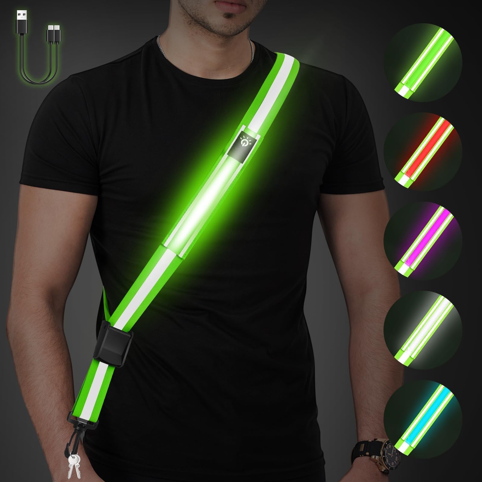 LED Reflective Belt Sash - 5 Lights Colors & 3 Light Modes High Visibility Ni...