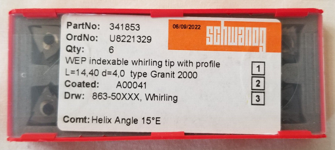 6 Pack Schwanog WEP Indexable Whirling Tip W/ Profile 341853 Helix Angle 15 D