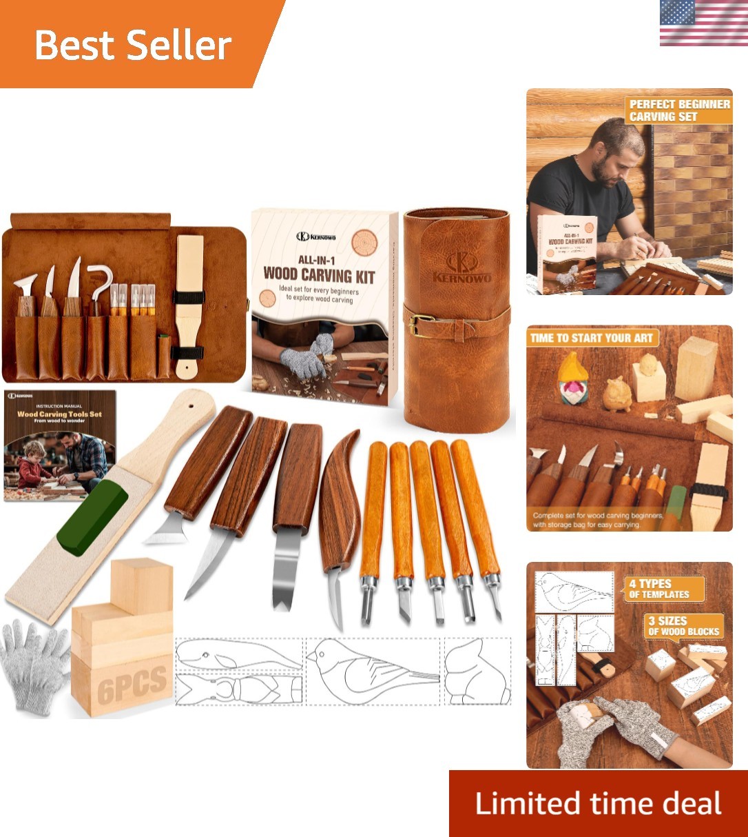 Complete Wood Carving Set - 24 Tools, Leather Bag & Basswood Blocks for DIY Fun