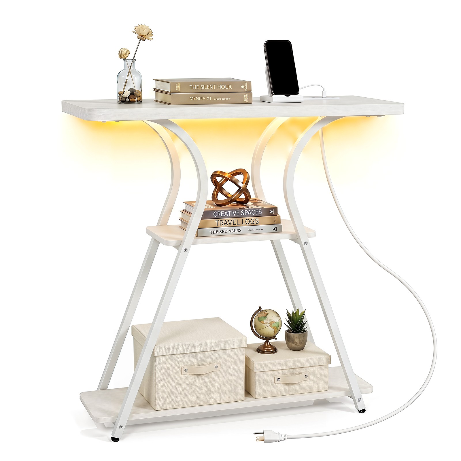 32” Console Table w/Power Outlets & LED Lights, Storage Shelves & Metal Frame