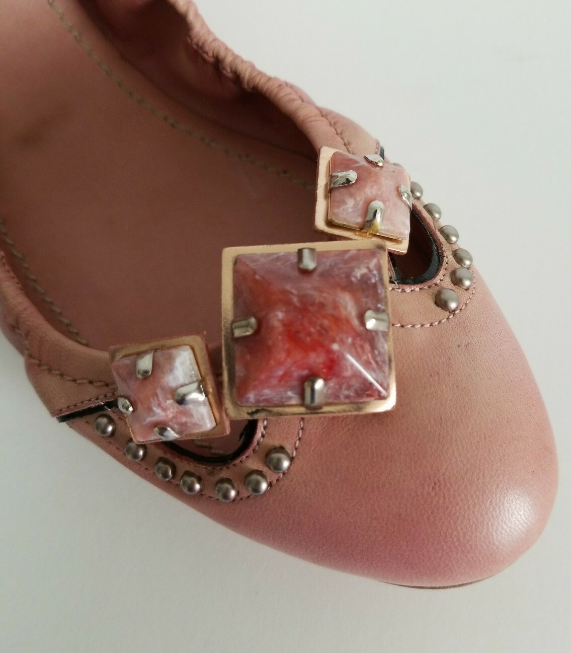 MIU MIU AMAZING WASHED PINK LEATHER EMBELLISHED FLATS EU 38.5 40 I LOVE SHOES
