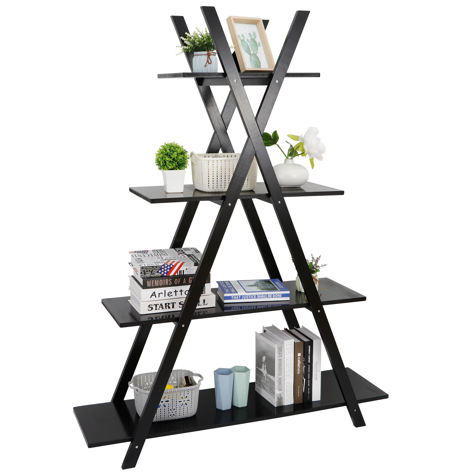4 Tier Ladder A Frame Bookcase Bookshelf Shelf Storage Black Display Modern