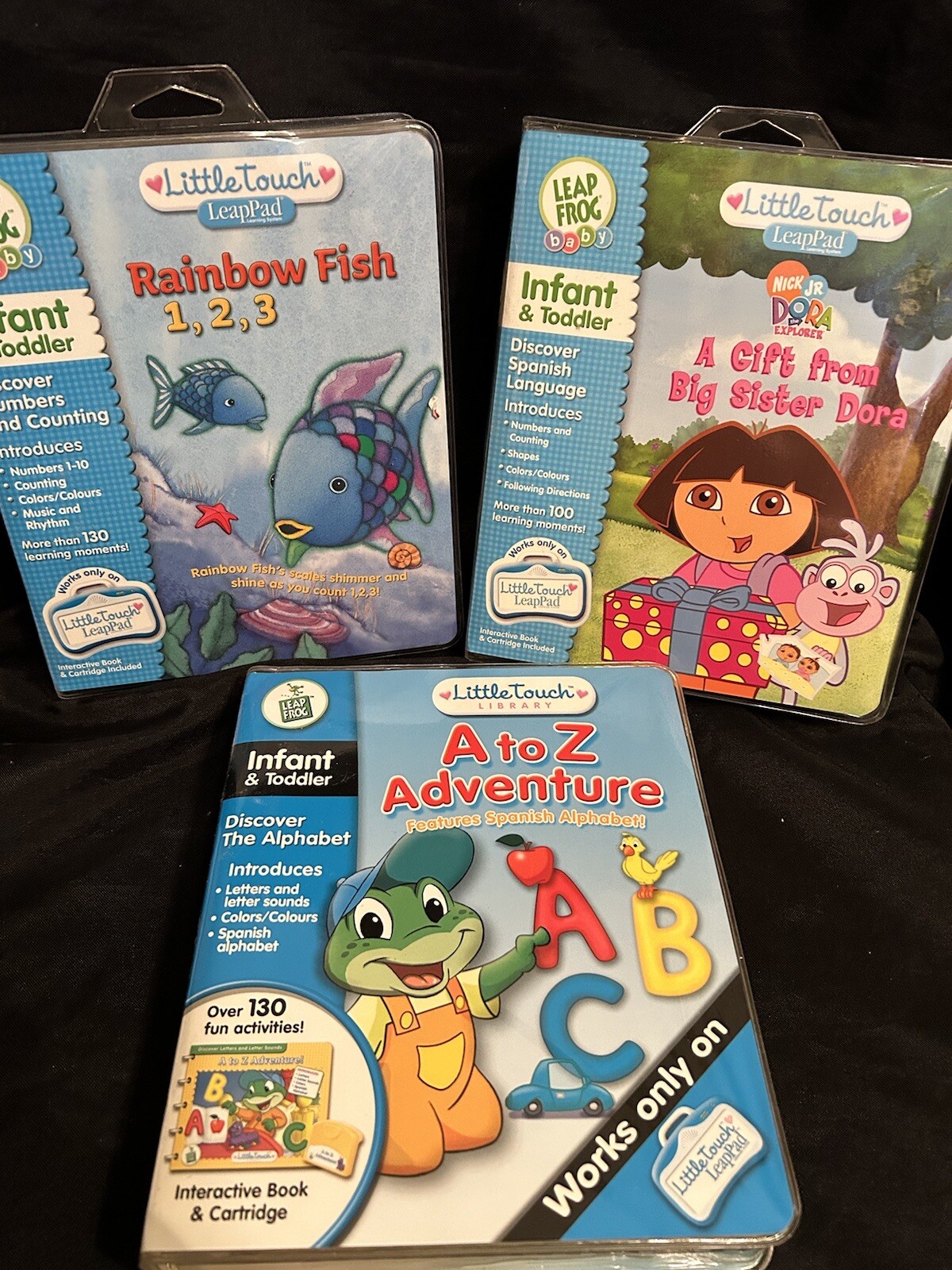 NEW 3 LeapFrog Baby Little Touch LeapPad SEALED Book & Cartridges Dora AtoZ Fish