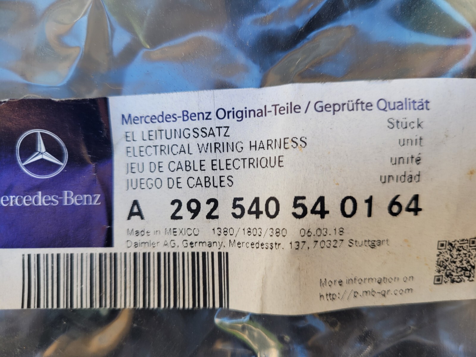 Electrical Wiring Harness, Without AMG pkg, with lane assist 292-540-54-01-64 OE