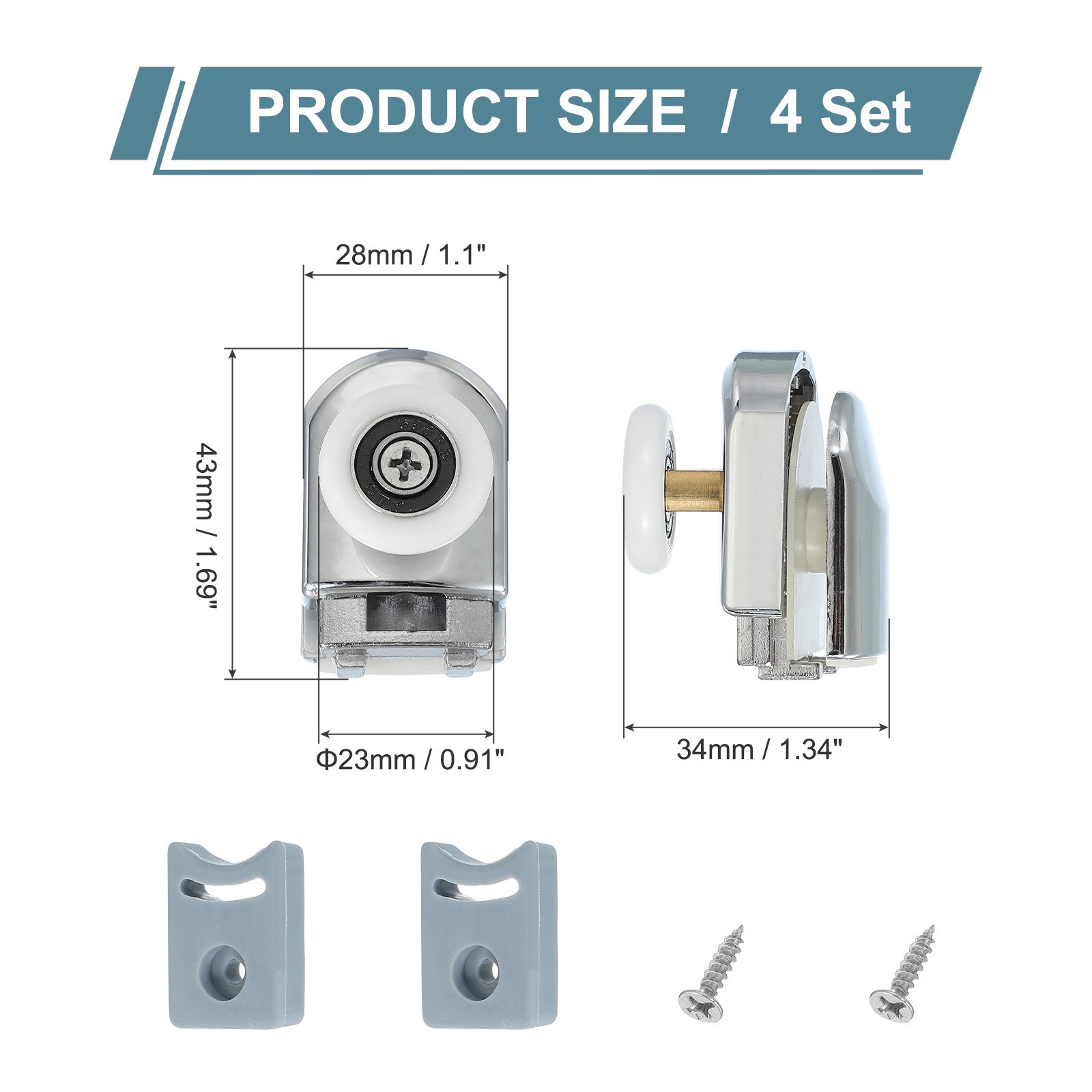 4Pcs 23mm Single Shower Door Rollers Copper Bottom Wheels Pulleys Guide Silver