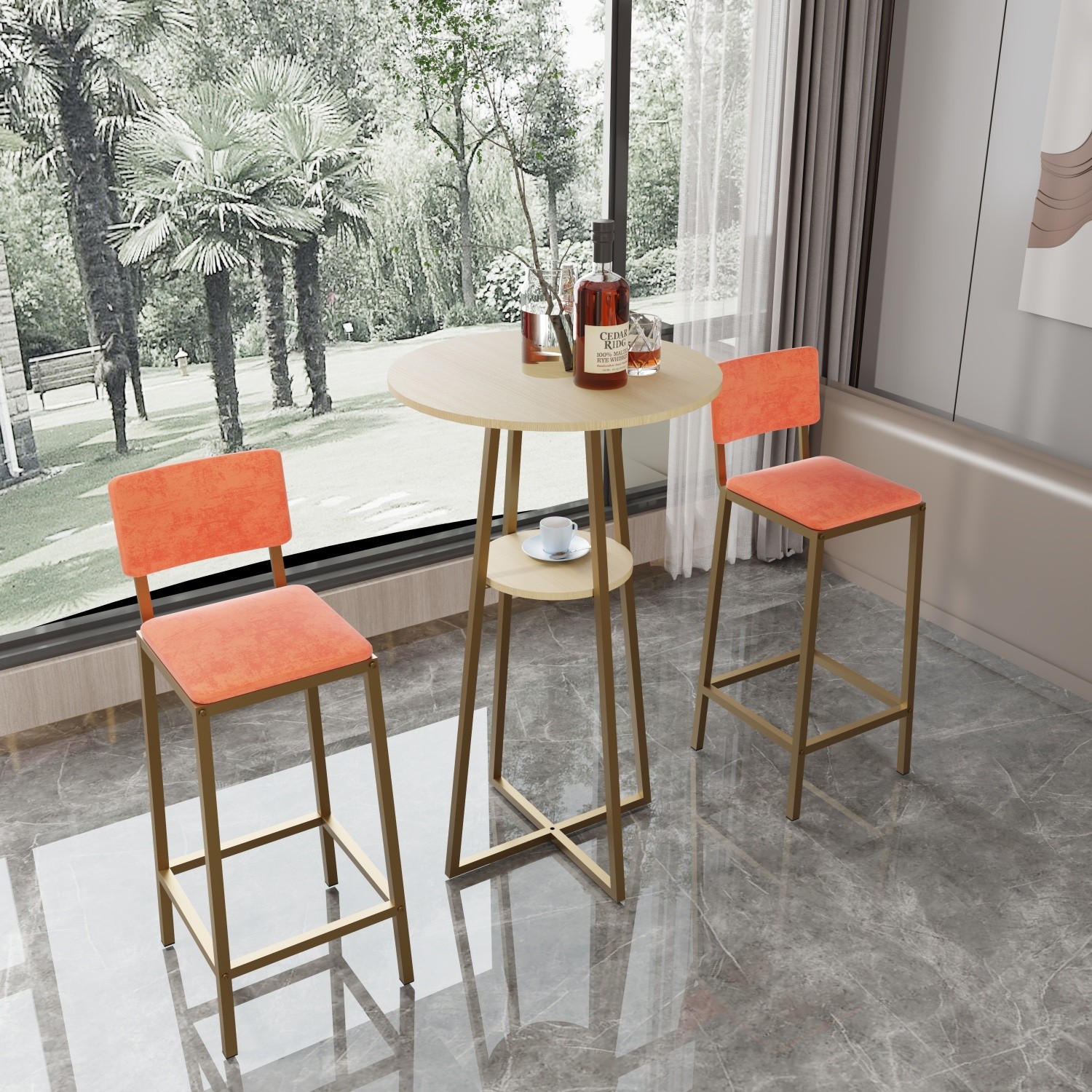 3 Piece Bar Table Set Counter Height Kitchen Round Dining Table w/ 2 Bar Chairs