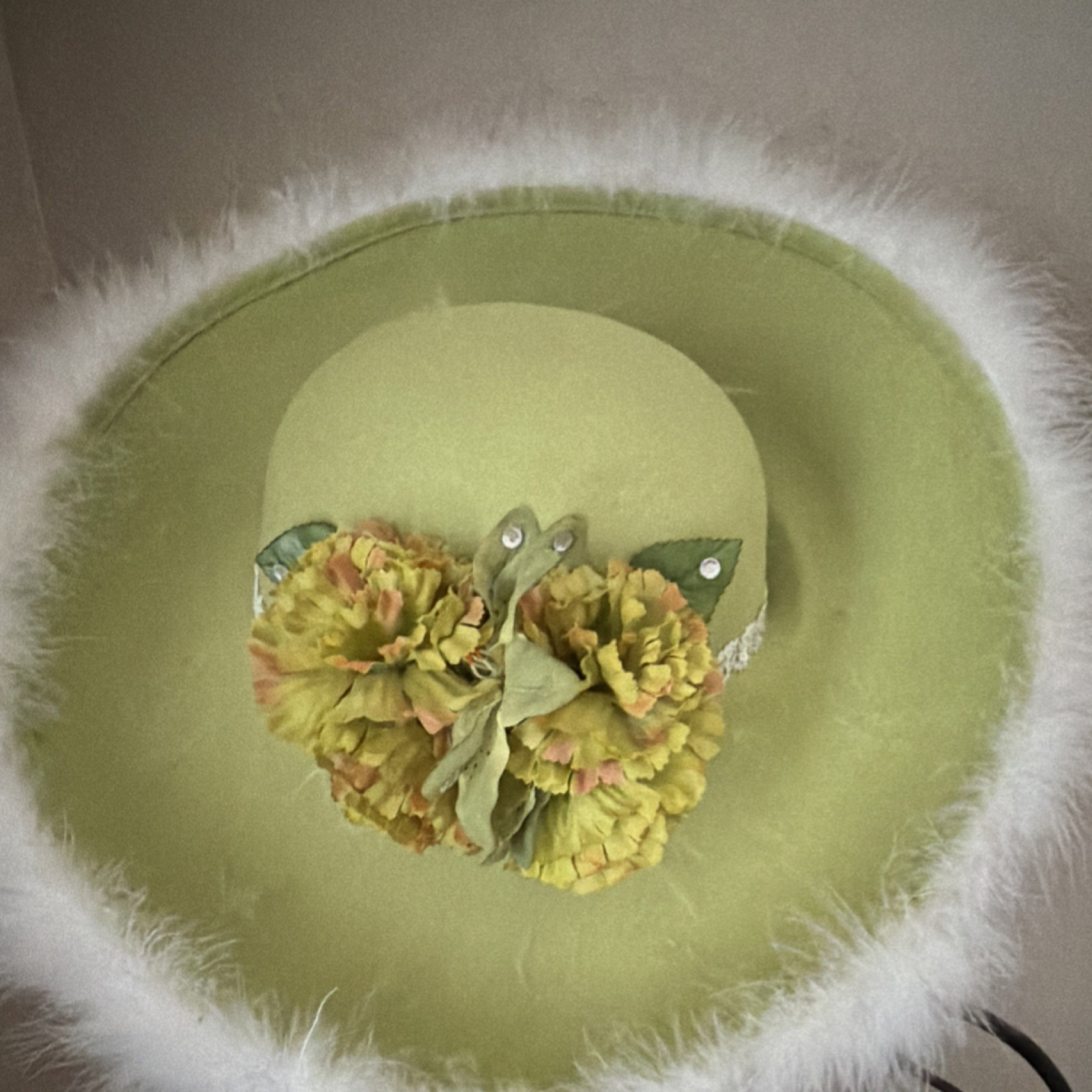 Women's Light Green Wide Brim Hat Formal White Trim Yellow Floral Embellished