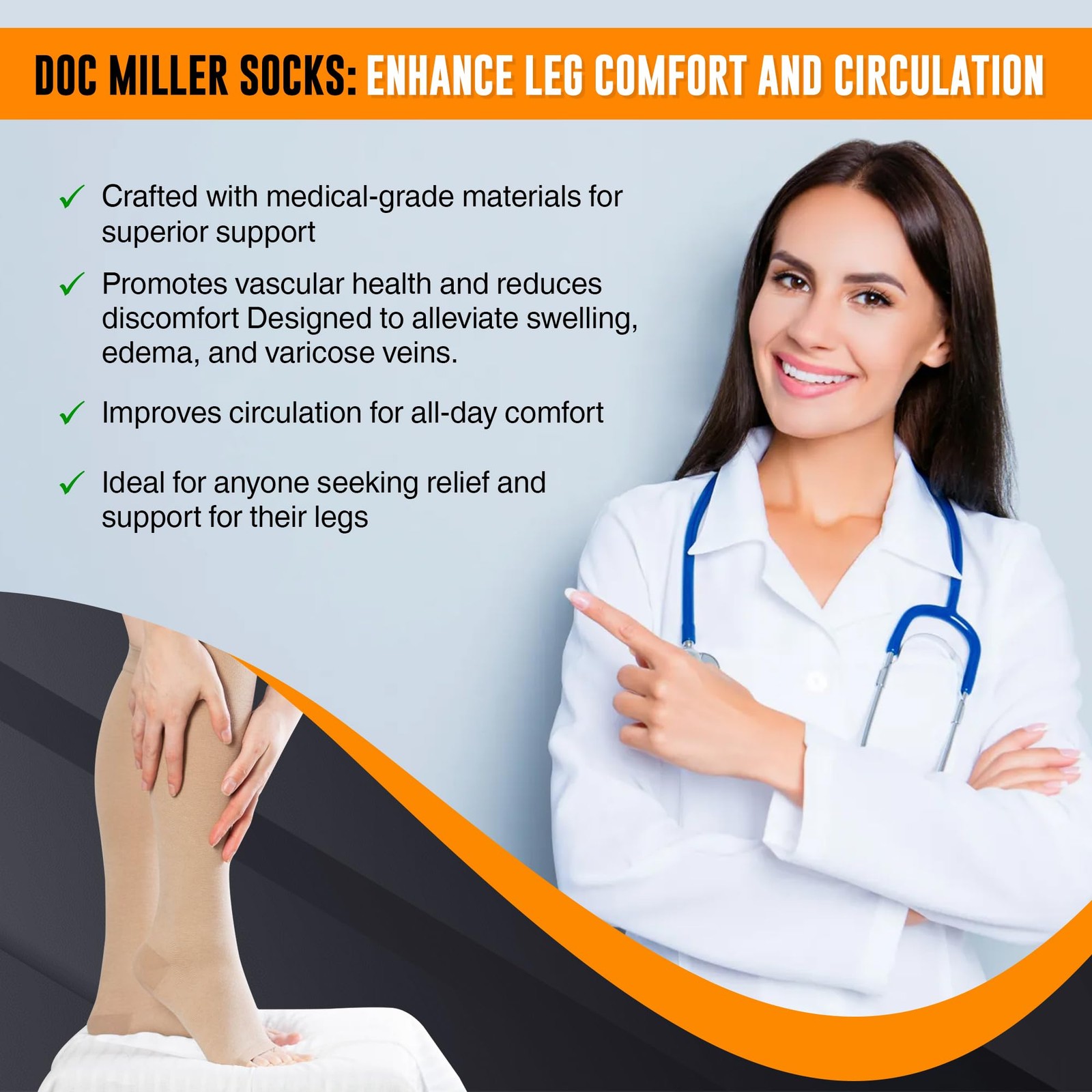 Doc Miller Open Toe Compression Socks for Women & Men Large Regular, Beige