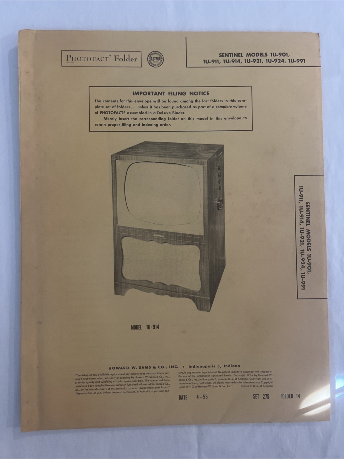 Vintage Sams Photofact Schematic 4-1955 SENTINEL MODEL 1U-901, 1U-911, 1U-914,