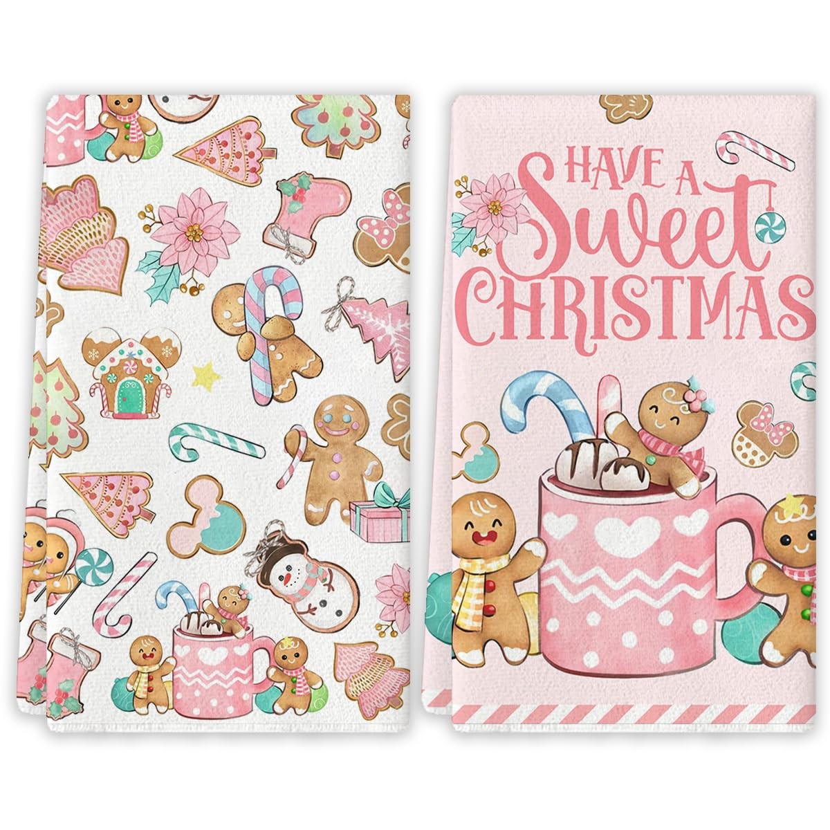Pink Gingerbread Christmas Kitchen Towels Gingerbread Mouse Christmas Dish To...