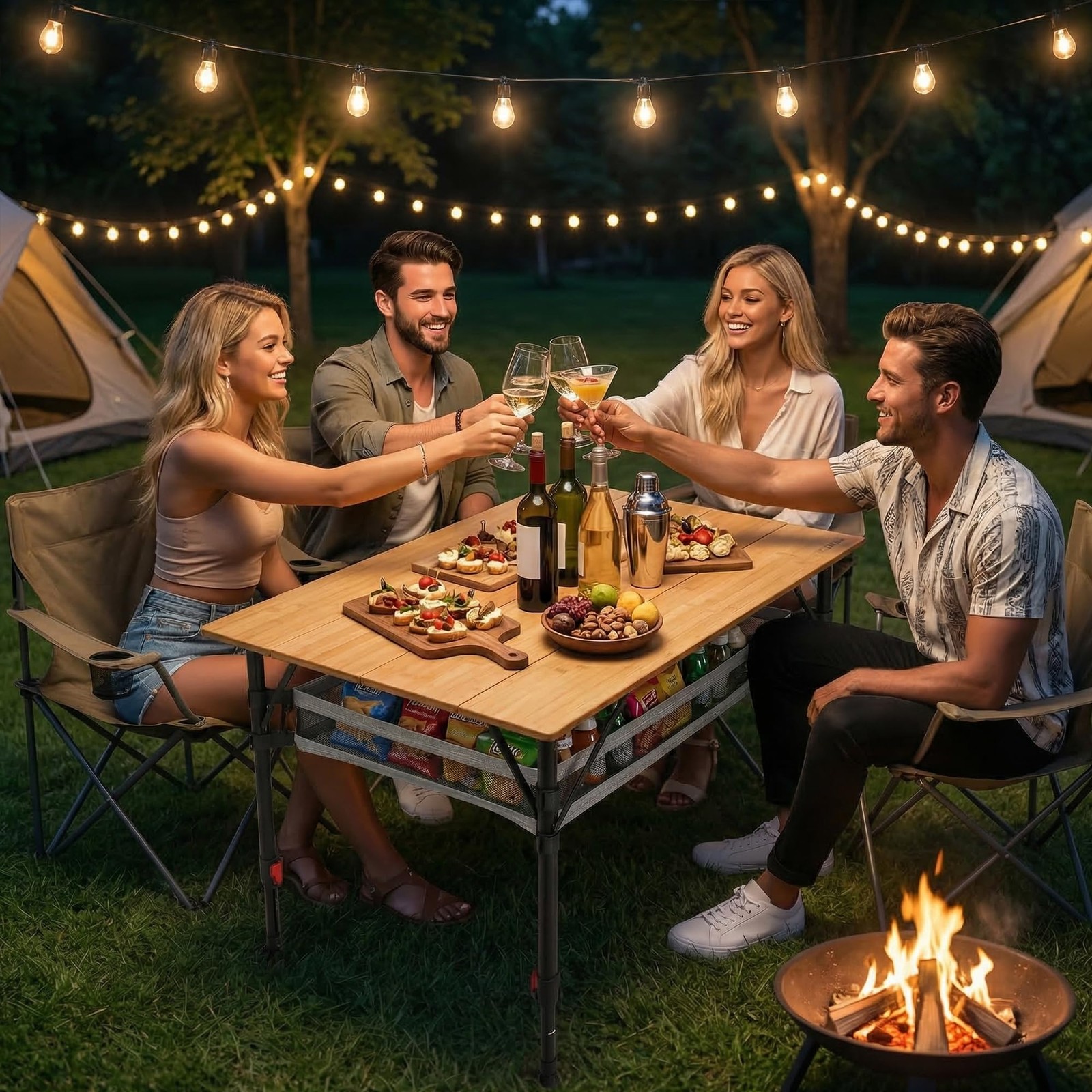 39.4'' Large Bamboo Camping Table, Adjustable Height Folding Outdoor Table wi...