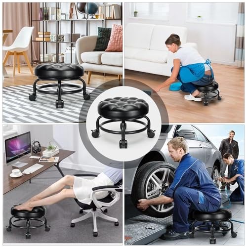 Low Height Rolling Stool Roller Stool PU Leather Comfortable Seat Style 1