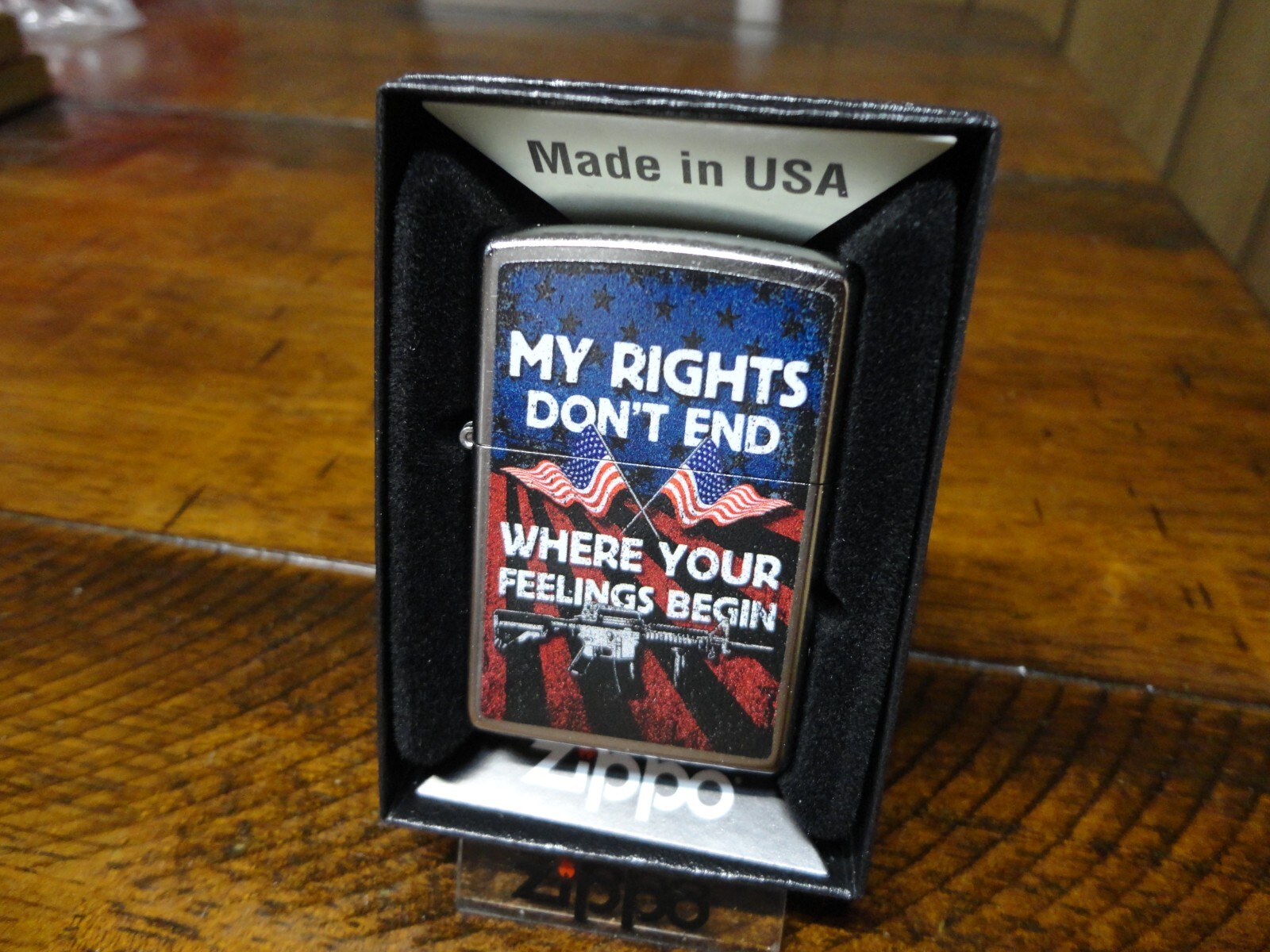 MY RIGHTS DON'T END WHERE YOUR FEELINGS BEGIN M-16 ZIPPO LIGHTER MINT IN BOX