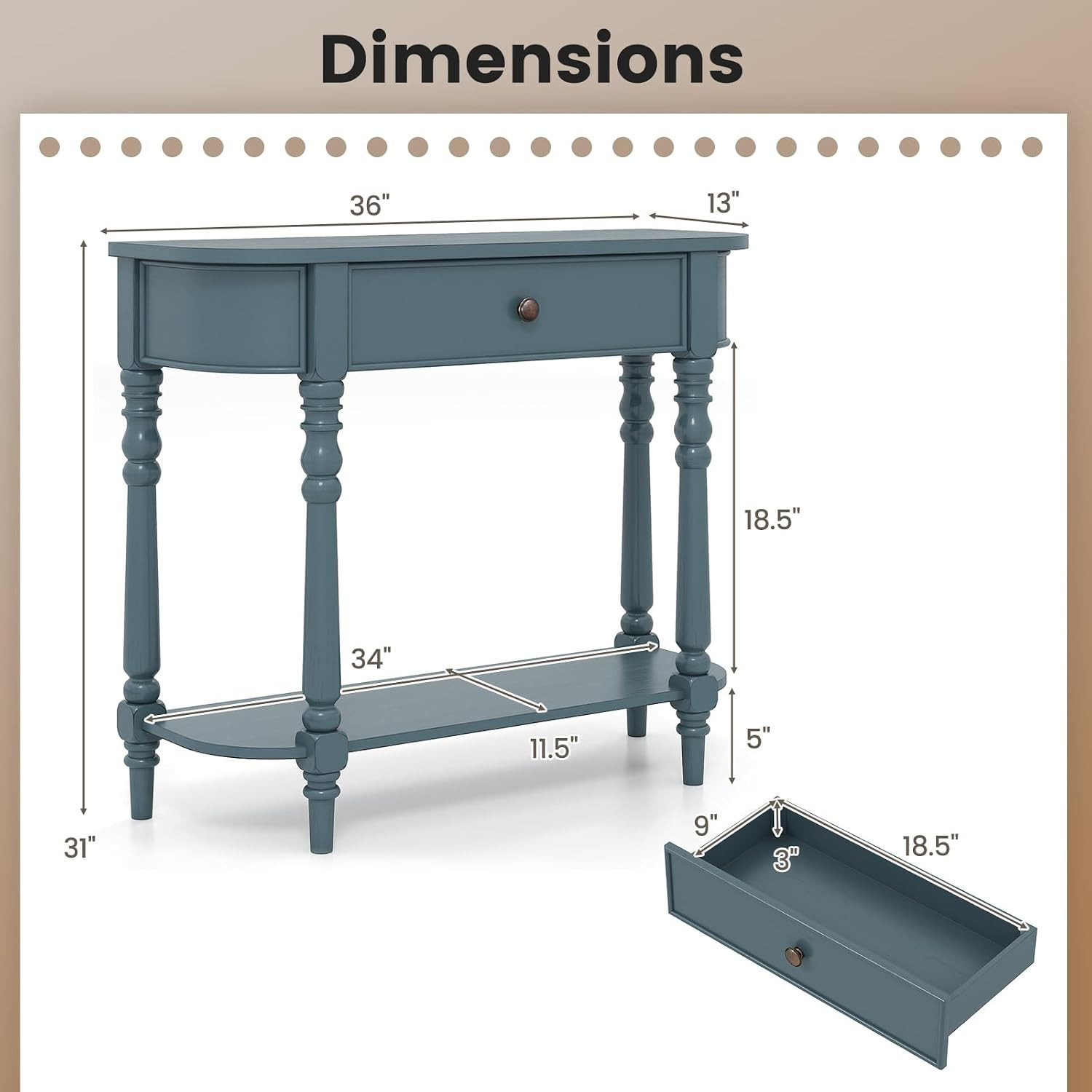 2-Tier Console Table, 36" Retro Entryway Table with Storage Drawer & Elegant Leg