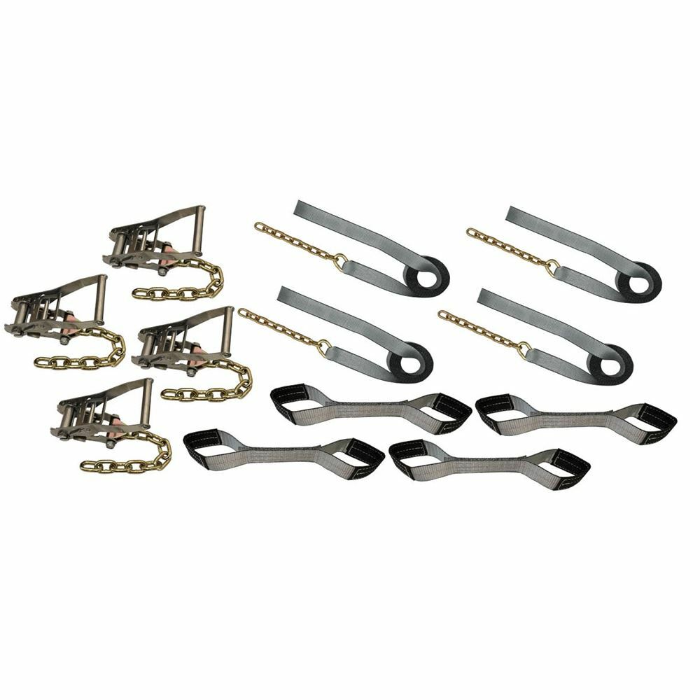 8 Point Auto Tie Down Towing Kit SW Stainless Ratchets Chain End 14' Strap