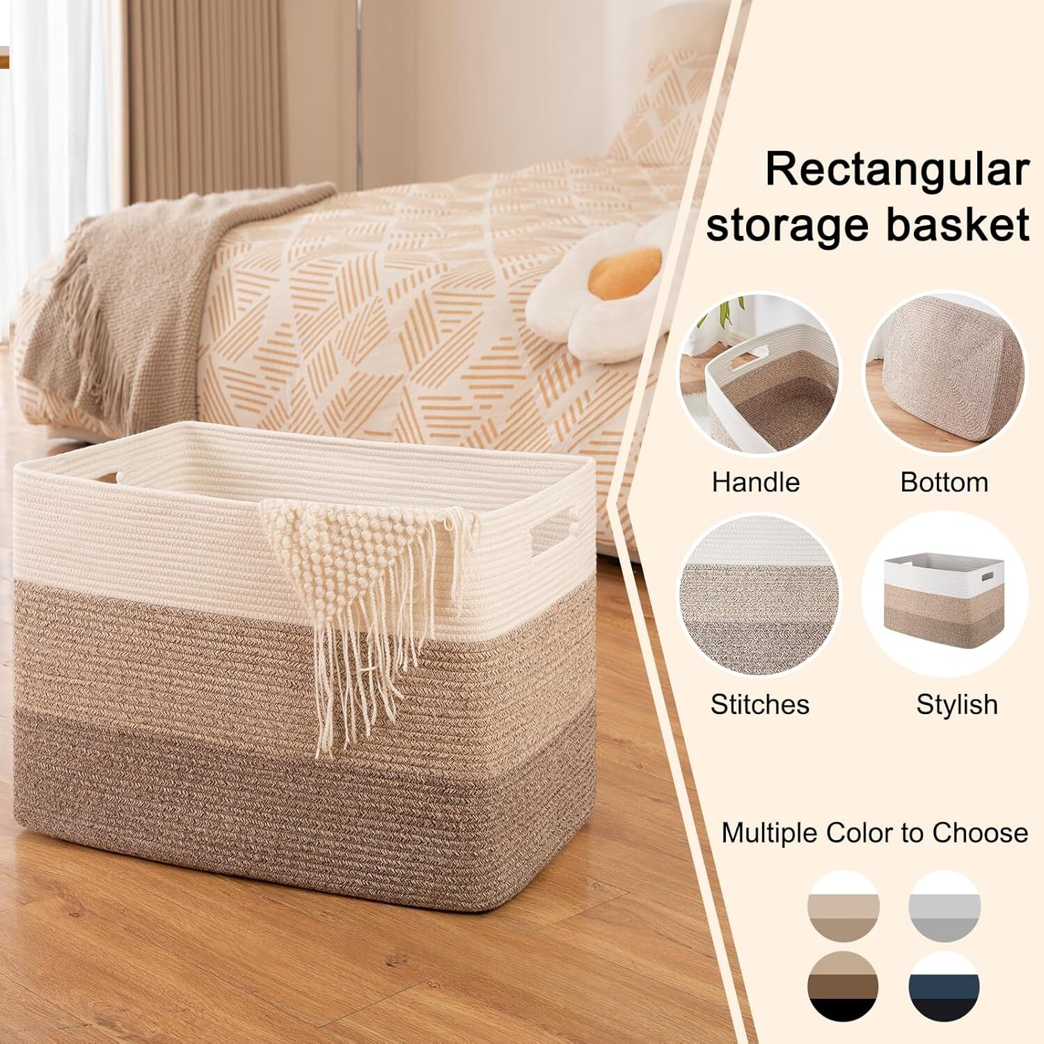 108L Extra Large Blanket Basket,Rectangular Woven Storage Basket Gradient Brown