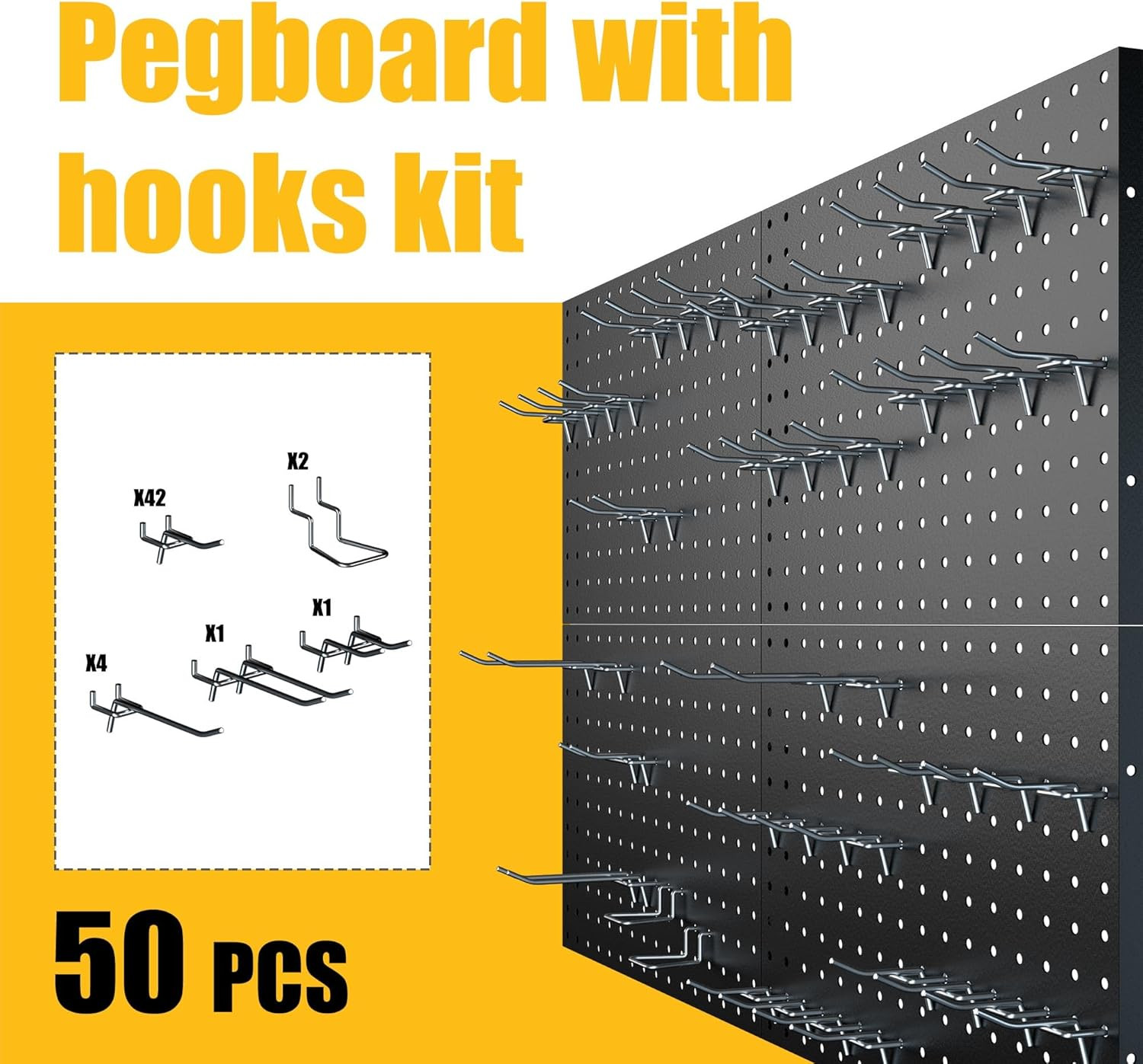 Peg Board, 4 Pack Metal Pegboard Panels with 50 Hooks, Black Pegboards Wall Orga