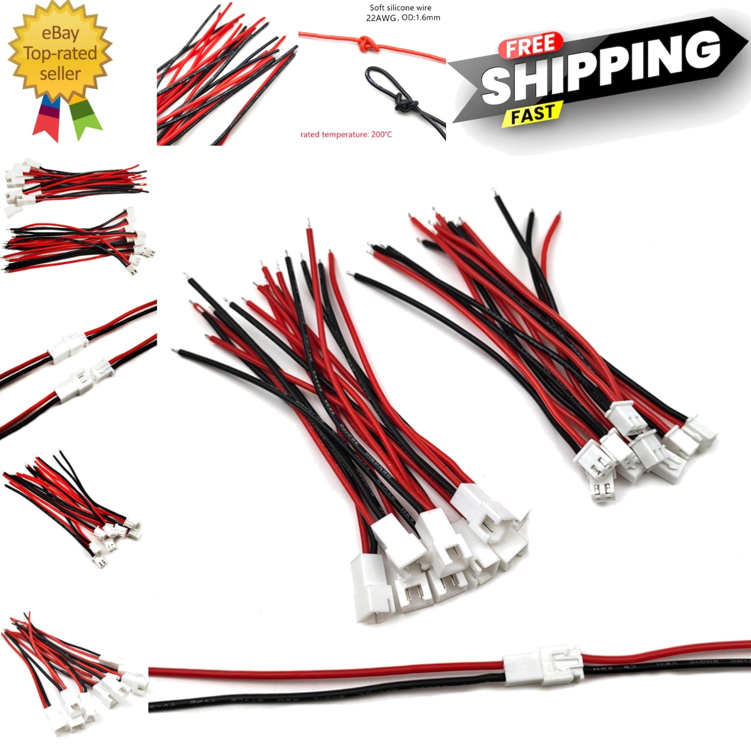 Durable 10 Pairs JST-XH 2.54mm Connector Kit with Versatile 10cm 22 AWG Wires