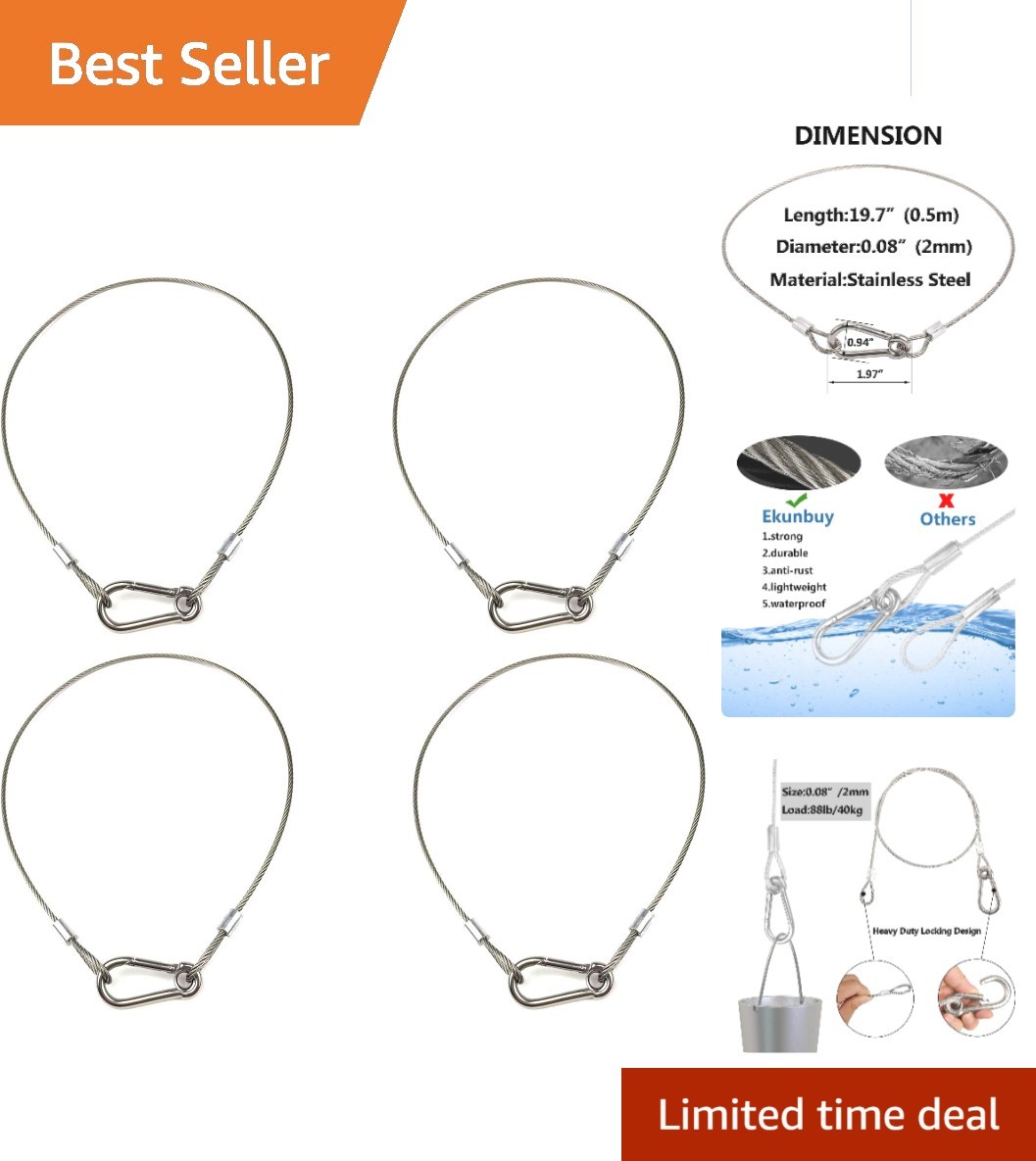Stainless Steel Safety Cable Lock with M5 Carabiner - 4 Pack for Diversified Use
