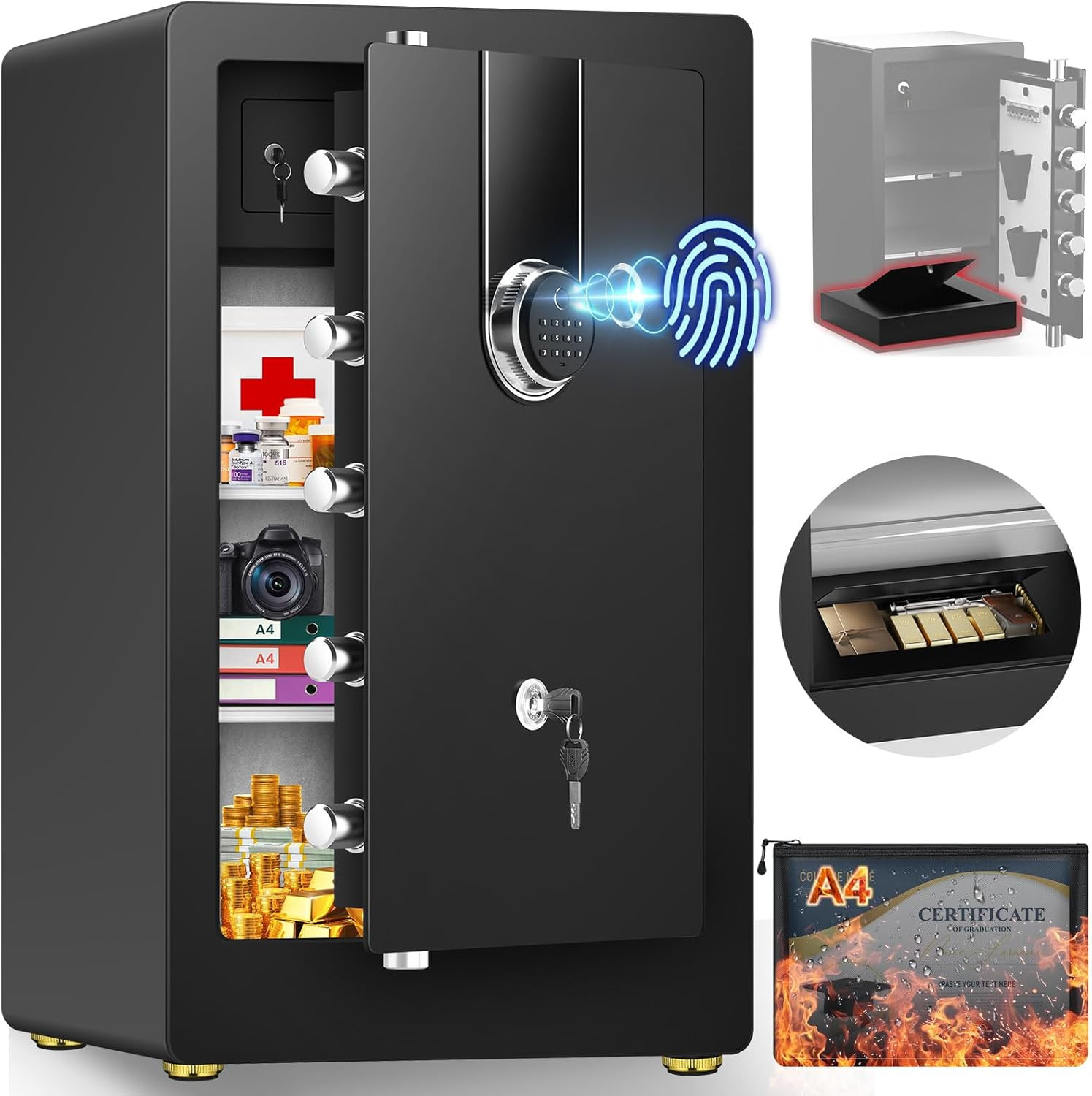 Extra Large 8.1 Cuft Fireproof Waterproof Biometric Safe Heavy Duty Security Box