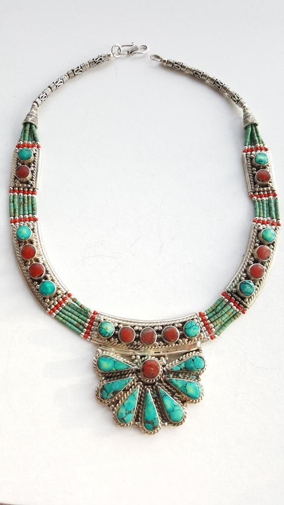 VINTAGE BEAUTIFUL SP ARTISANAL TIBETAN TURQUOISE & RED CORAL NECKLACE