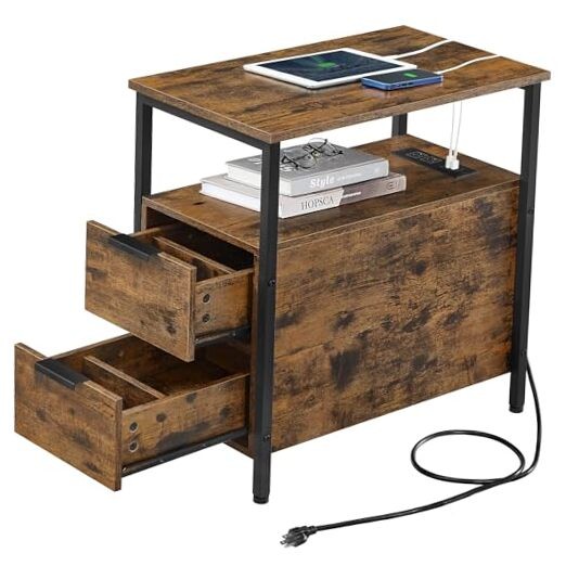 Side End Table with Charging Station, Slim Nightstand Rustic Brown + Ink Black