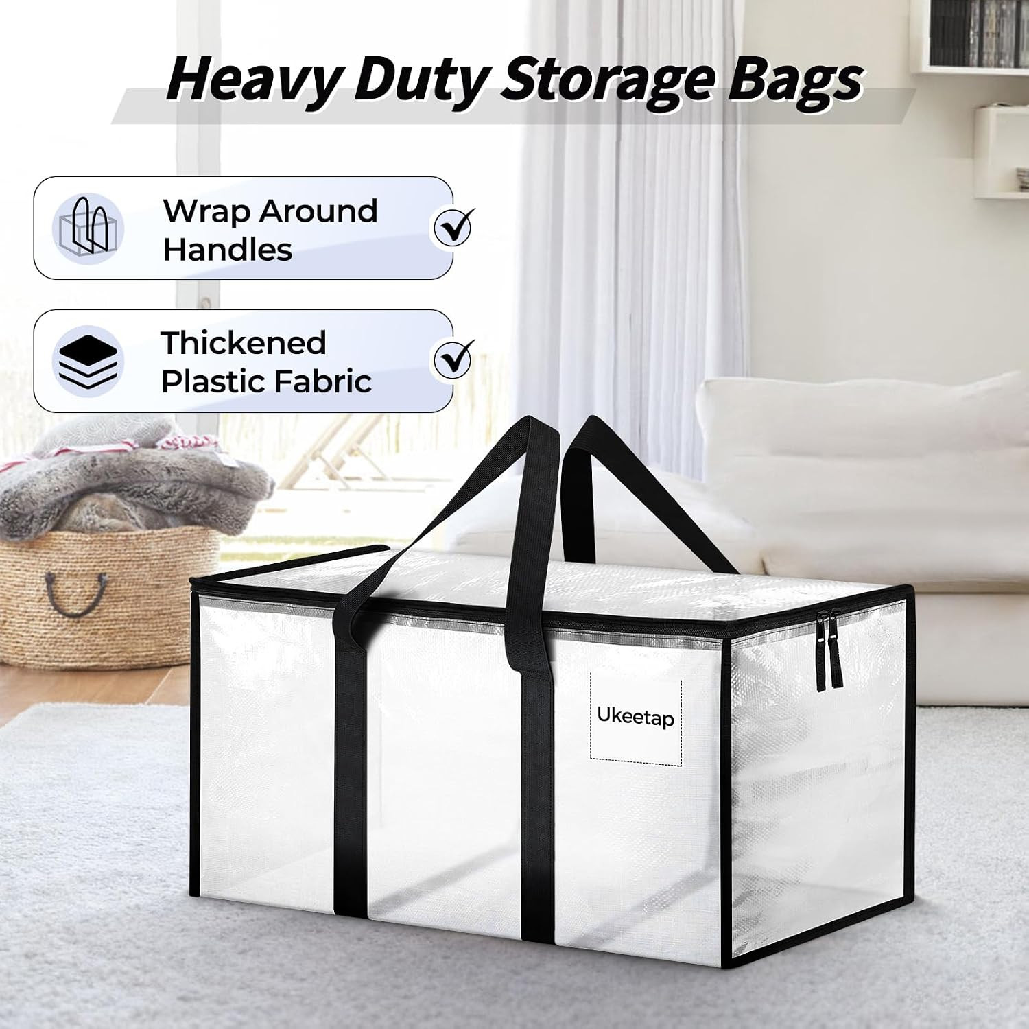 8 Pack Extra Large Heavy Duty Moving Bags, Clear Storage Bins with Lids, Reinfor
