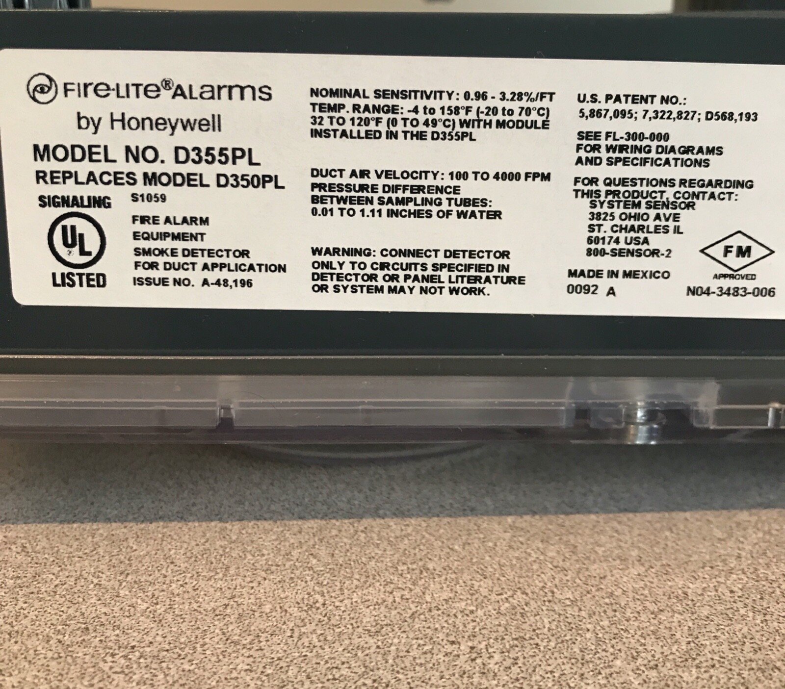 Fire-Lite D355PL Duct Smoke Detector