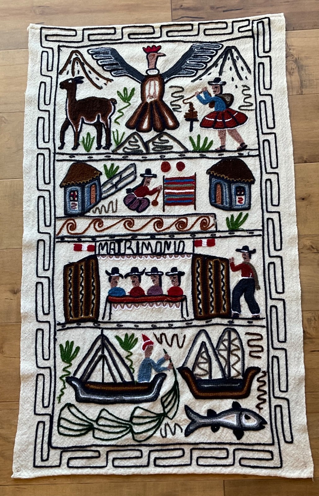 Vintage Peruvian Embroidered Wool Tapestry Wedding Celebration 24"x40"