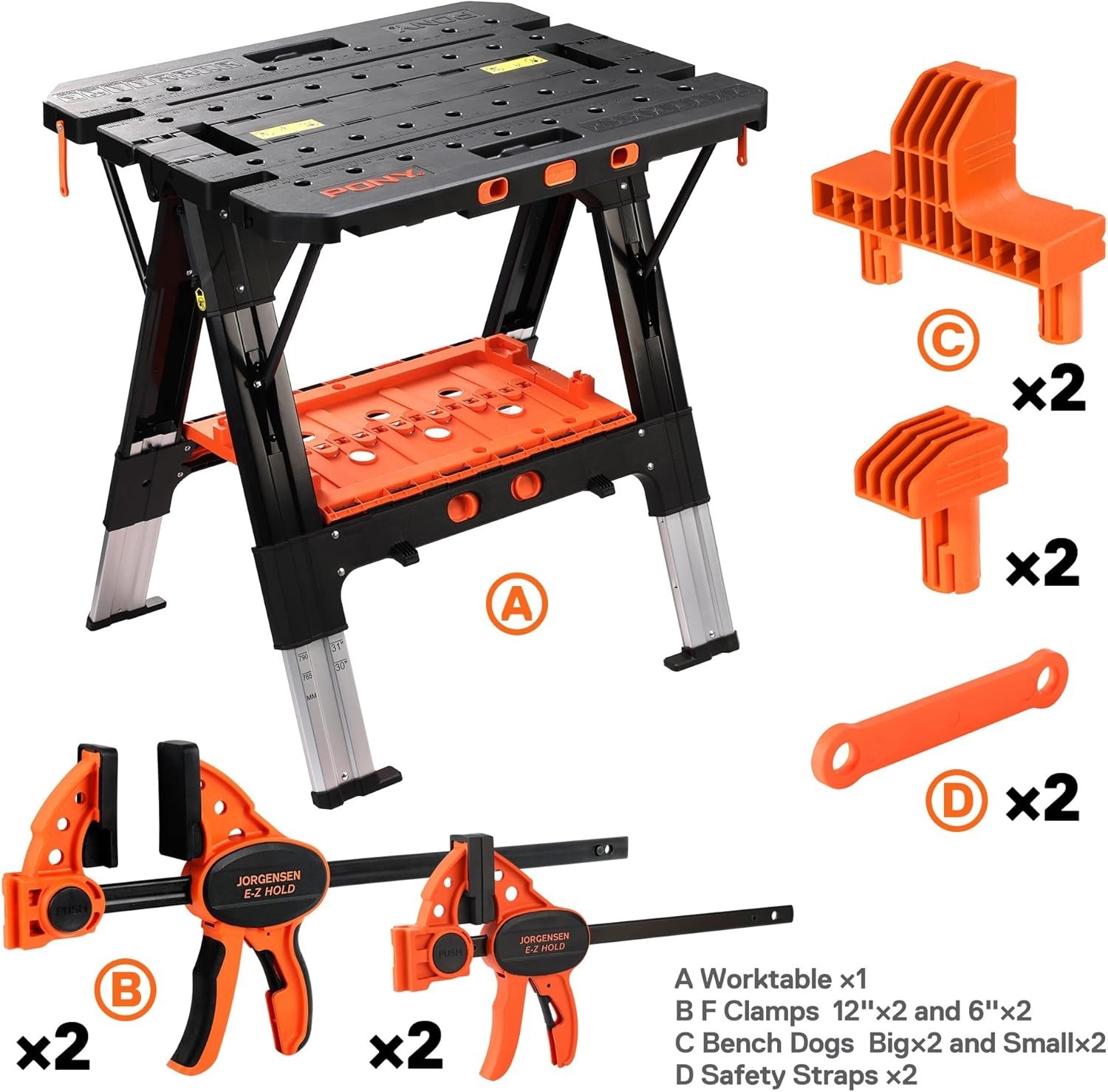 Pony Portable Folding Workbench 2-in-1 with 500 lbs Capacity & Adjustable Height