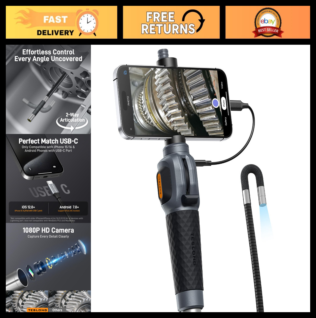 Articulating Borescope Inspection Camera with Light, 5FT Flexible Probe for Home