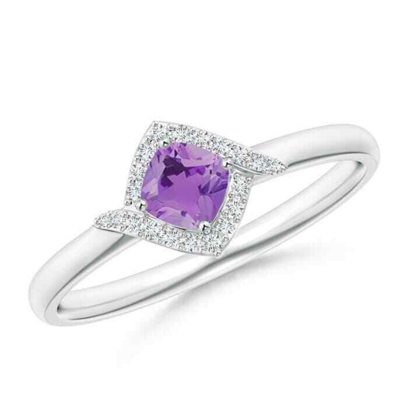 5MM Cushion Shape Amethyst Solitaire Halo Women Promise Ring 925 Sterling Silver