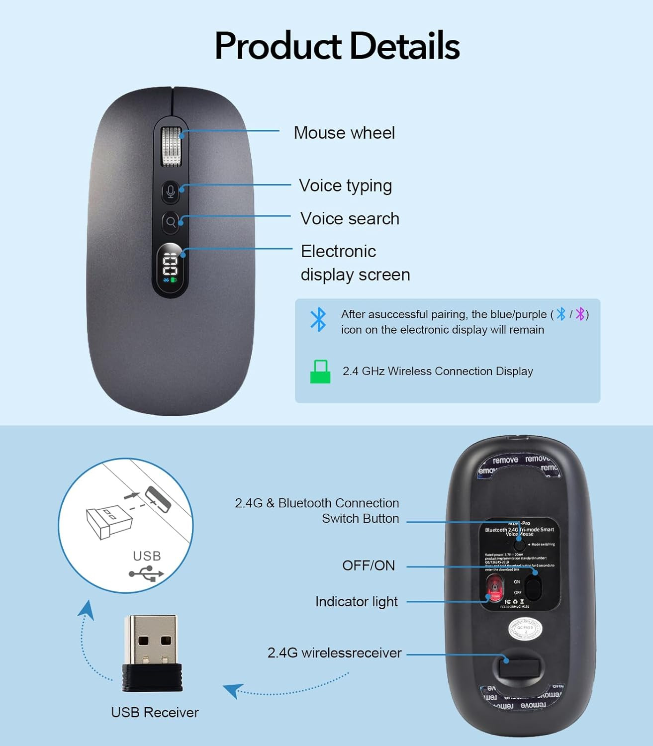 AI Wireless Mouse with Voice & Audio Recorder， Wireless Bluetooth Mouse for Macb
